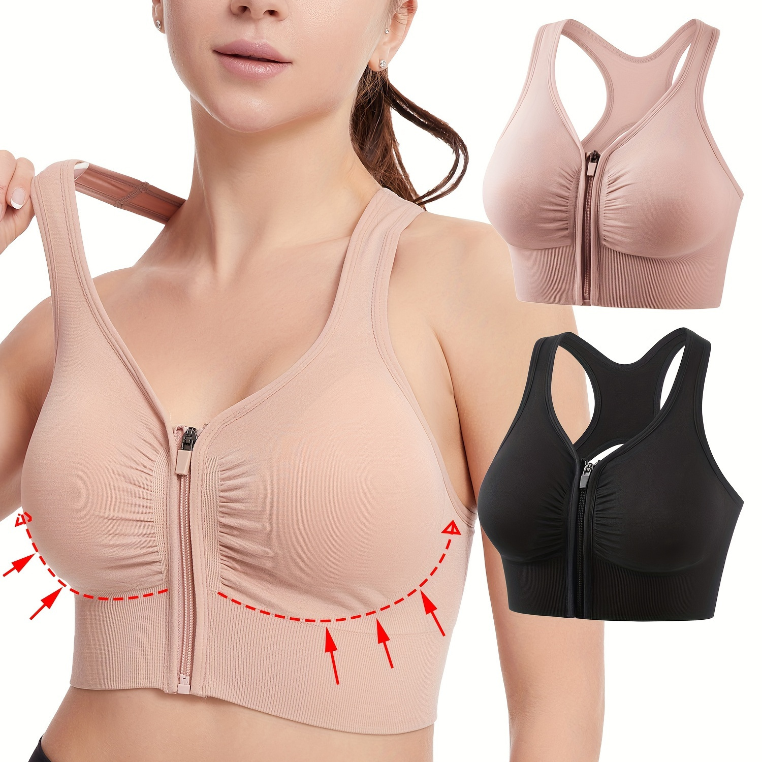 Solid Color Zipper Front Closure Sports Bra Women Wirefree - Temu