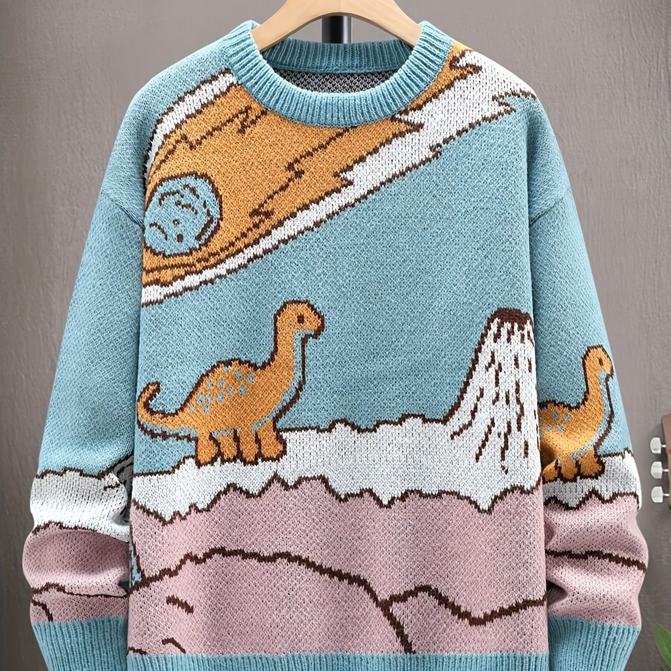 

Men's Casual Dinosaur & Comet Print Crew Neck Knit Pullover Sweater - 100% Polyester Fabric With Medium Stretch, Fall/winter Loose-fit Long Sleeve Sweater