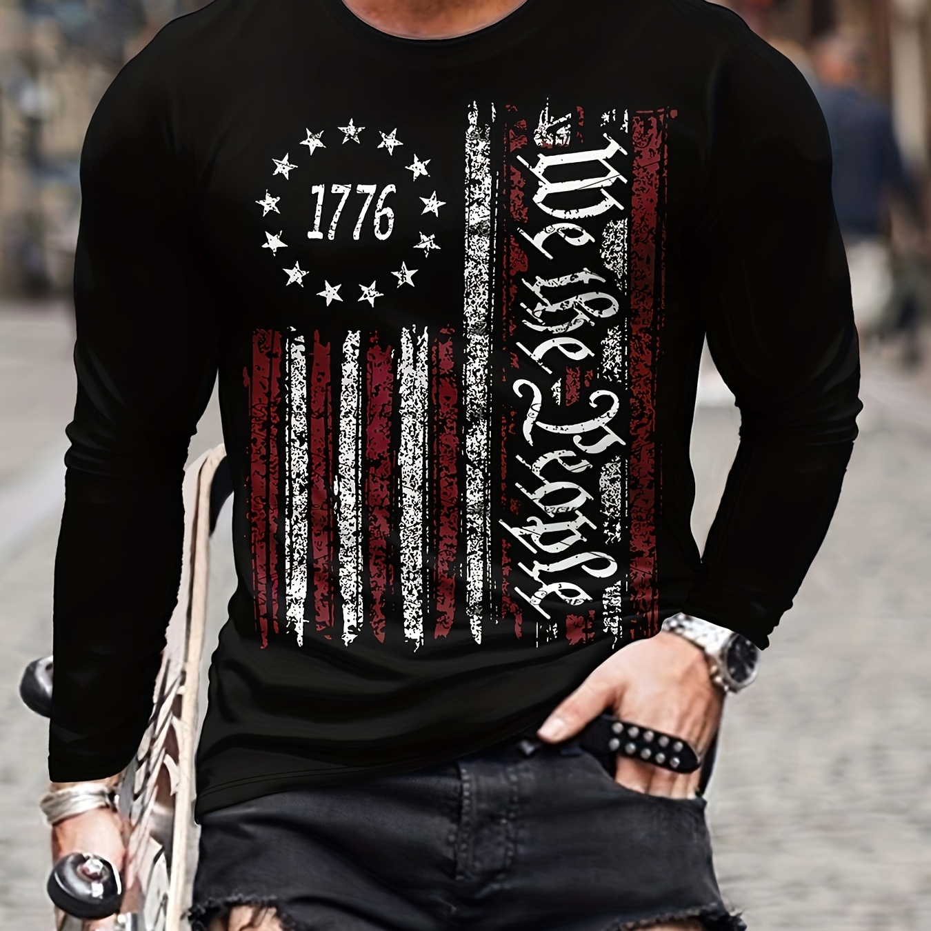 

Men's '' & Flag Print Long Sleeve Crew Neck T-shirt, Casual As Gift
