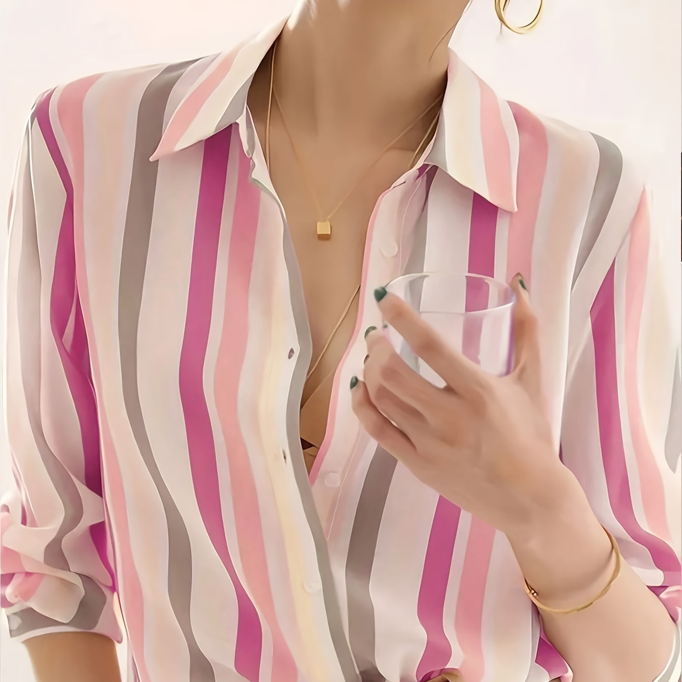 

1pc Elegant Striped Long Sleeve Shirt For Women, Polyester Woven, Lapel Collar, Button Detail, Versatile Blouse