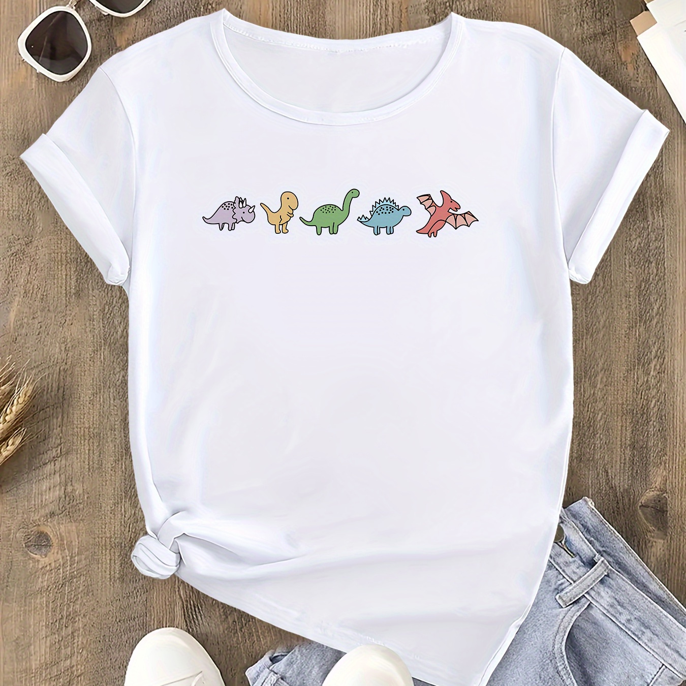 

Cute Cartoon Dinosaur Pattern Printed, Plus Size, Women's Short Sleeve Round Neck T-shirt, Leisure Wear, Loose Fit