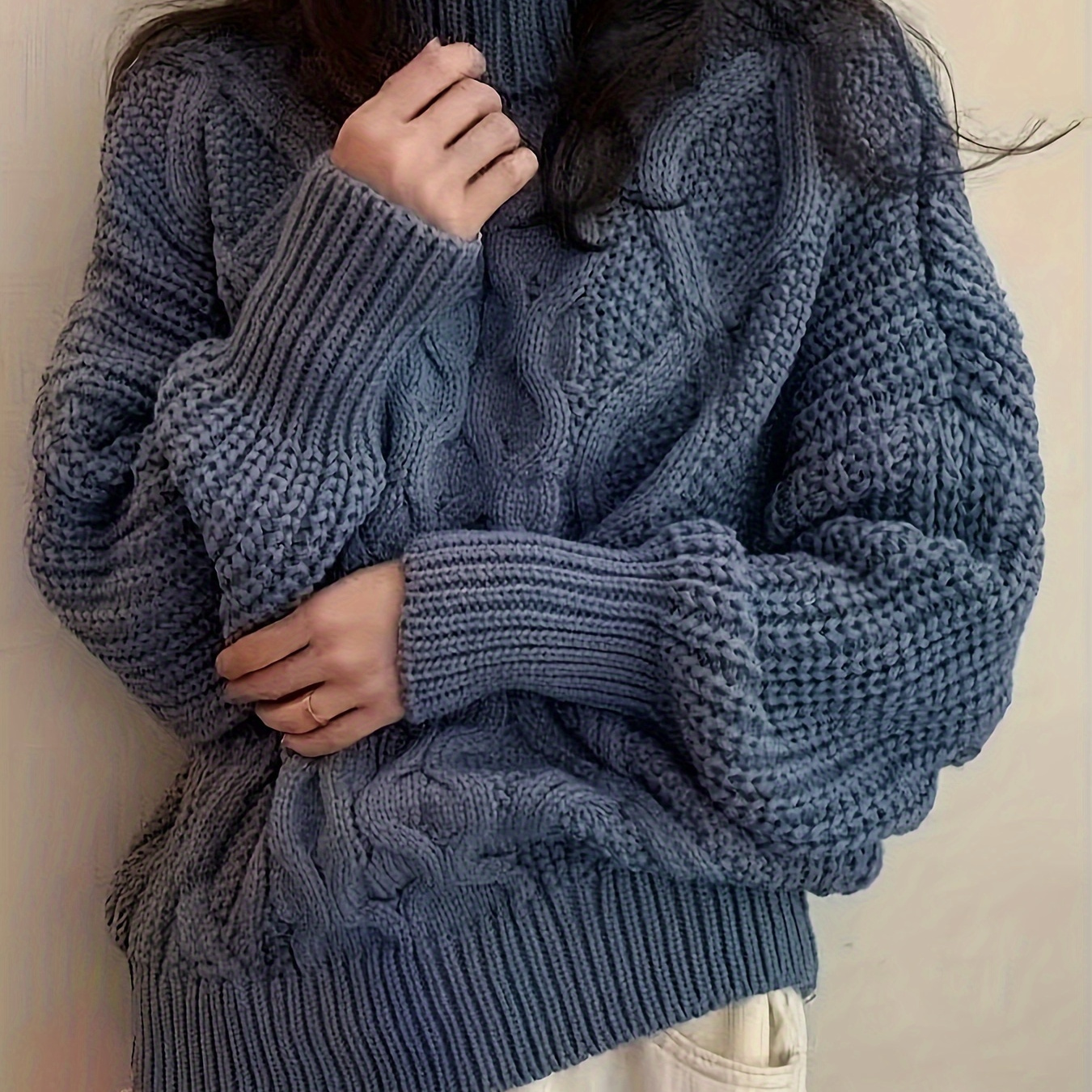 

Women's Plus Size Casual Knit Sweater, Solid Color Cable Knit Turtleneck, Stretchy Fabric, Oversized Pullover For Autumn/winter