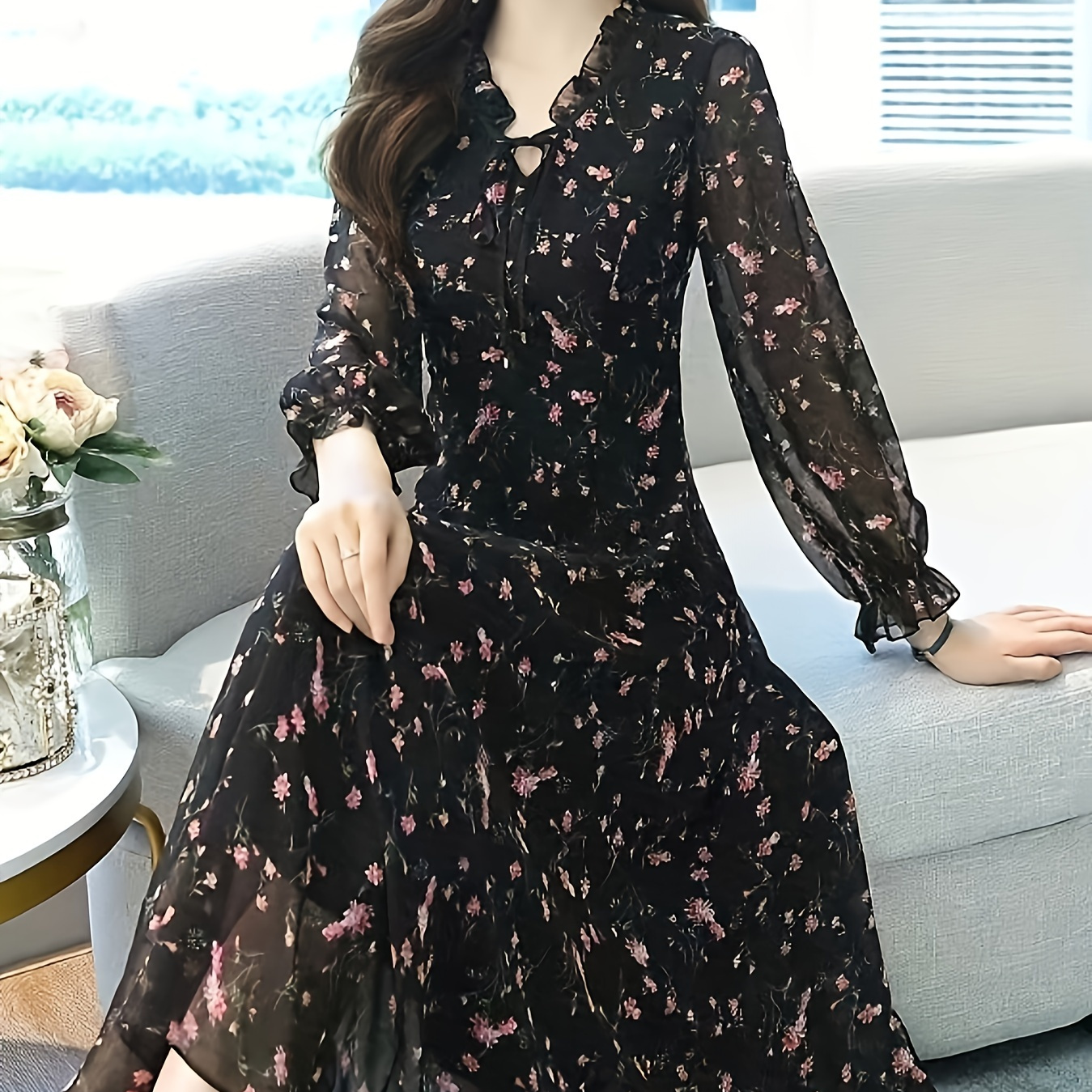 

Floral Print Tie Neck Dress, Elegant Long Sleeve Dress For Spring & Fall, Women's Clothing