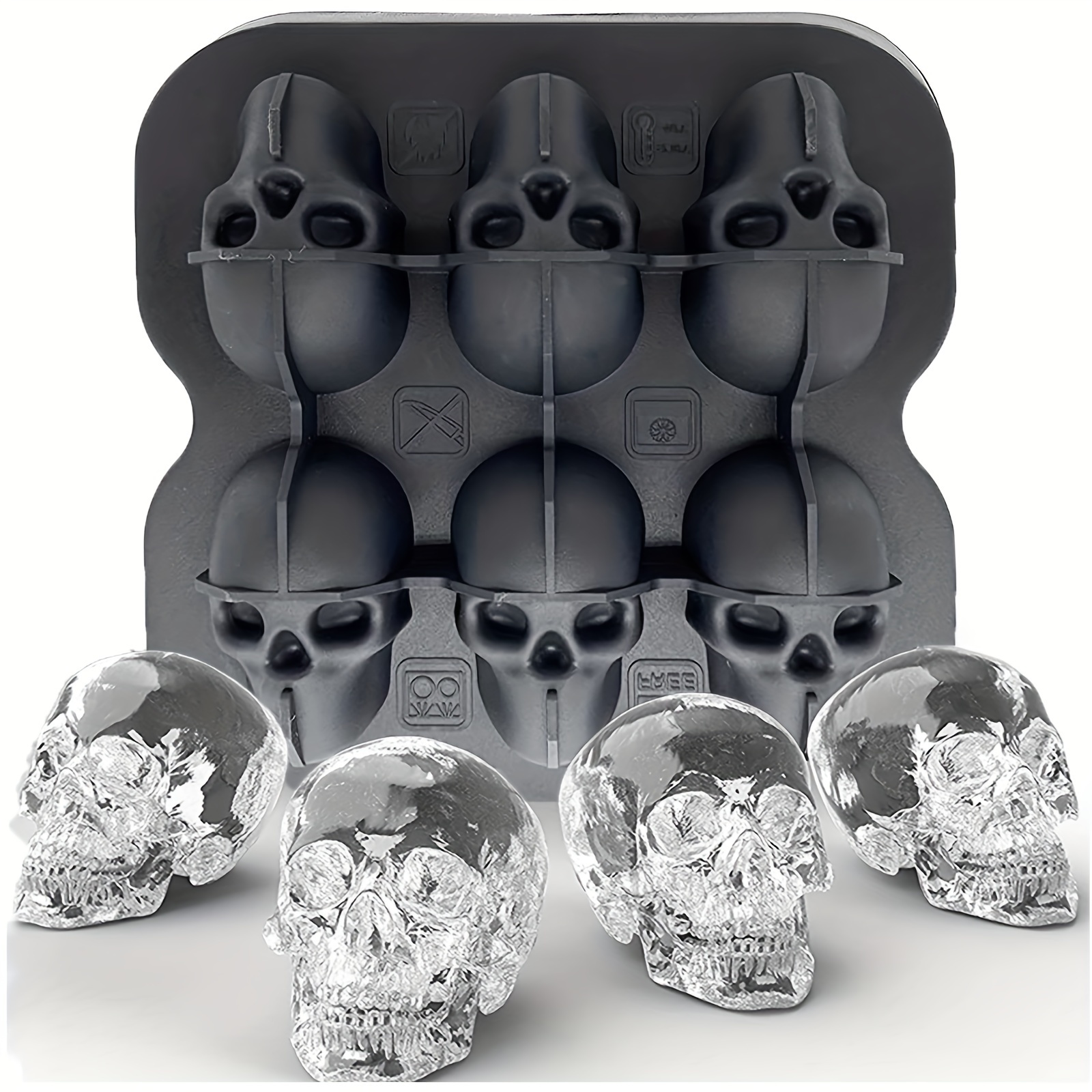 VEVOR Skull Ice Cube Tray, 4-Grid Skull Ice Ball Maker, Flexible Black  Silicone Ice Tray with Lid & Funnel, Funny Skull Ice Cubes 1.6x1.8 Each  for