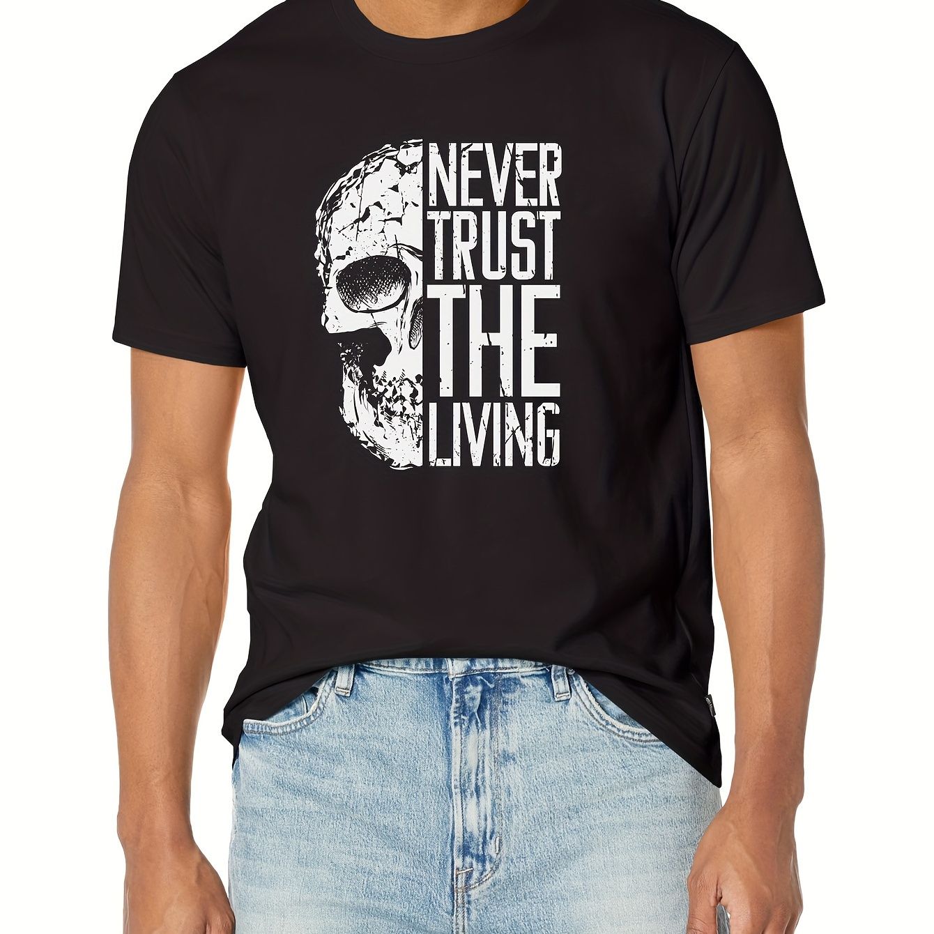 

The Living & Half Skull Graphic Neck Short Sleeve T-shirt For Men, Casual Summer T-shirt For And Vacation Resorts