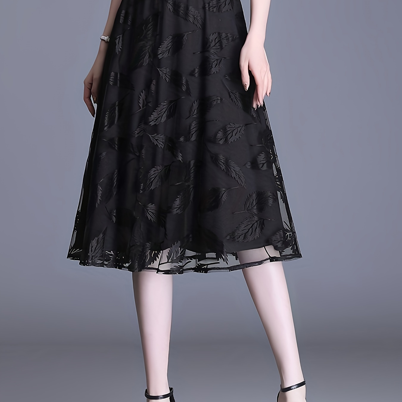 

Leaf Pattern Mesh High Waist Skirt, Elegant A-line Skirt For Spring & Summer, Women's Clothing