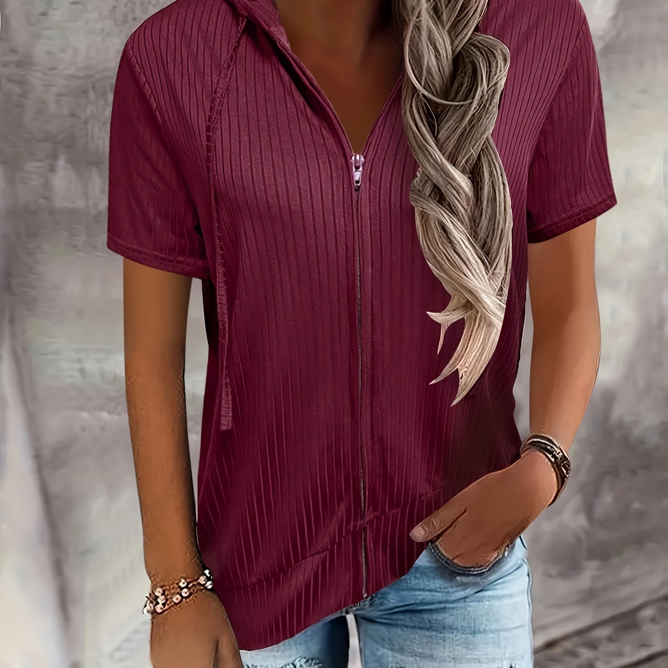 

Solid Color Zipper Front Ribbed Hoodie, Casual Short Sleeve Drawstring Hooded Sweatshirt, Women's Clothing