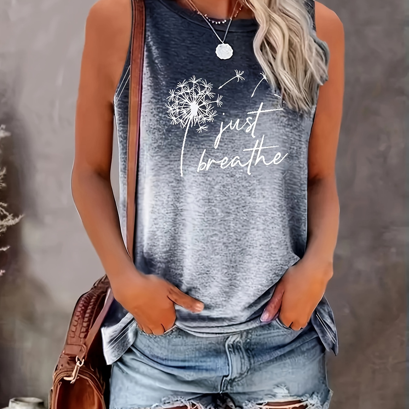 

Plus Size Ombre & Dandelion Print Tank Top, Casual Sleeveless Crew Neck Dress For Spring & Summer, Women's Plus Size Clothing