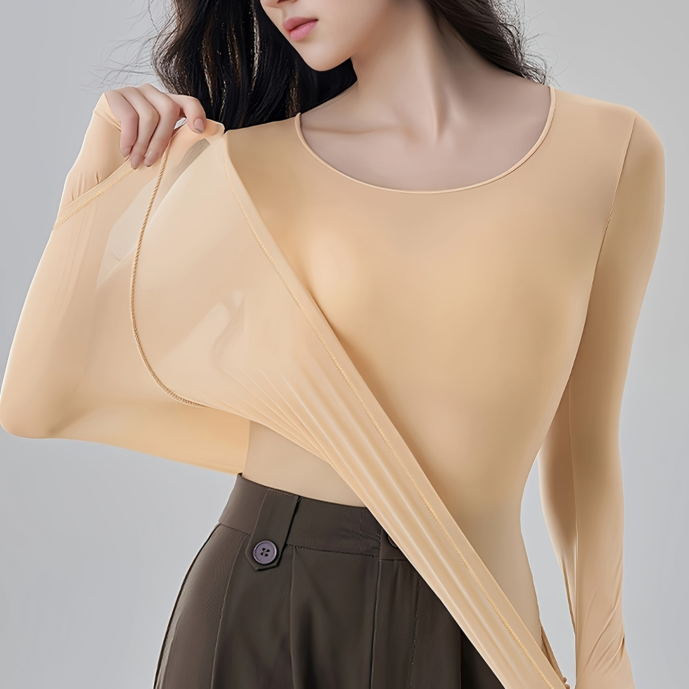 

Seamless Solid Thermal Underwear, Soft & Comfortable Long Sleeve Slim Fit Top, Women's Lingerie & Sleepwear