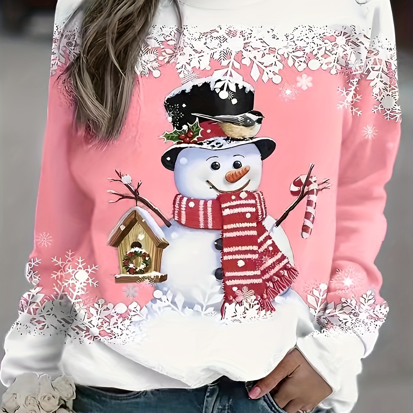 

Plus Size Christmas Casual Sweatshirt, Women's Plus Snowman Print Long Sleeve Round Neck Sweatshirt
