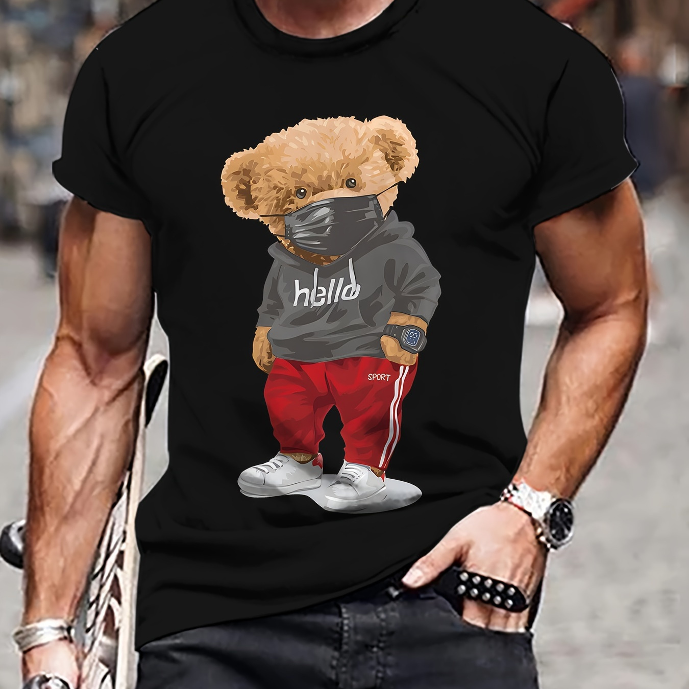 

Men's Bear Print T-shirt, Casual Short Sleeve Crew Neck Tee, Men's Clothing For Outdoor