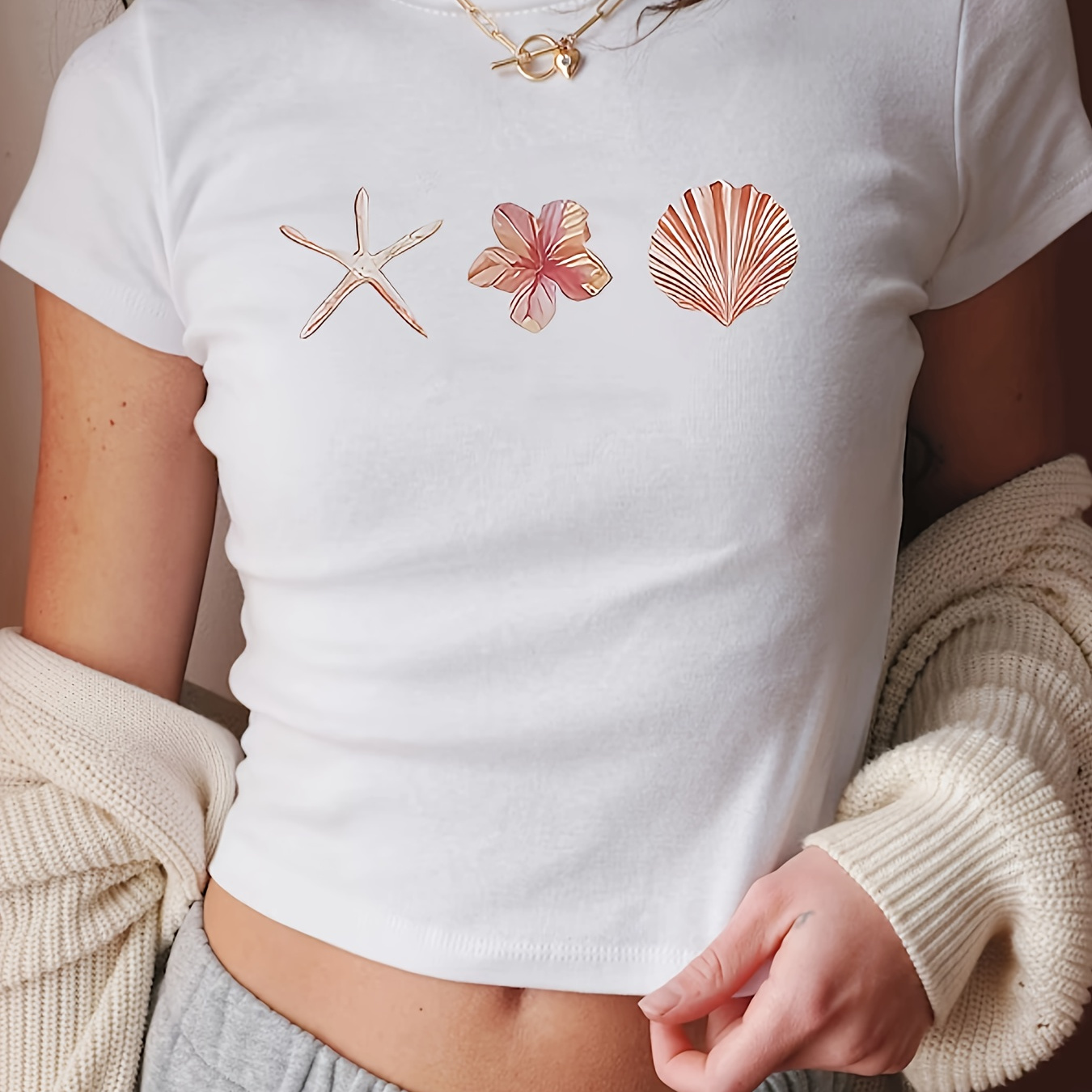 

Starfish & Shell & T-shirt, Y2k Crew Neck Short Sleeve Tee For , Women's Clothing