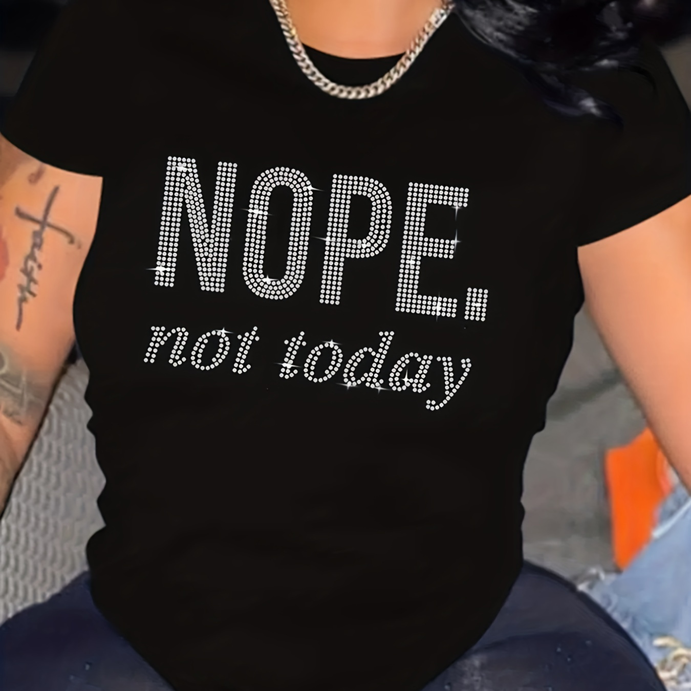 

Nope Letter Rhinestone T-shirt, Short Sleeve Crew Neck Casual Top For Spring & Summer, Women's Clothing