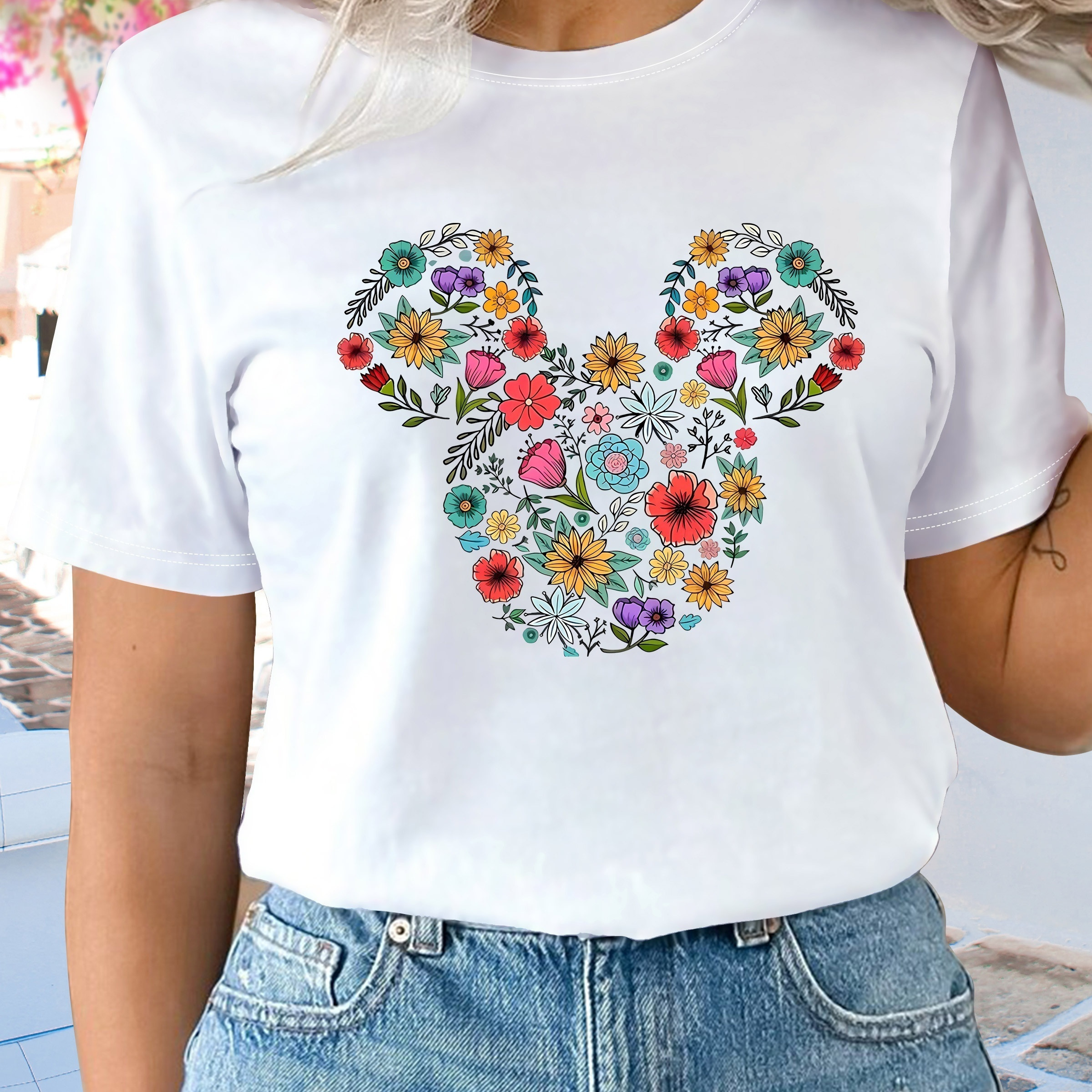 

Women'-inspired Floral Cartoon Print T-shirt - Casual Summer Sporty Tee, Crew Neck, Short Sleeve, White, Sizes S-xxl