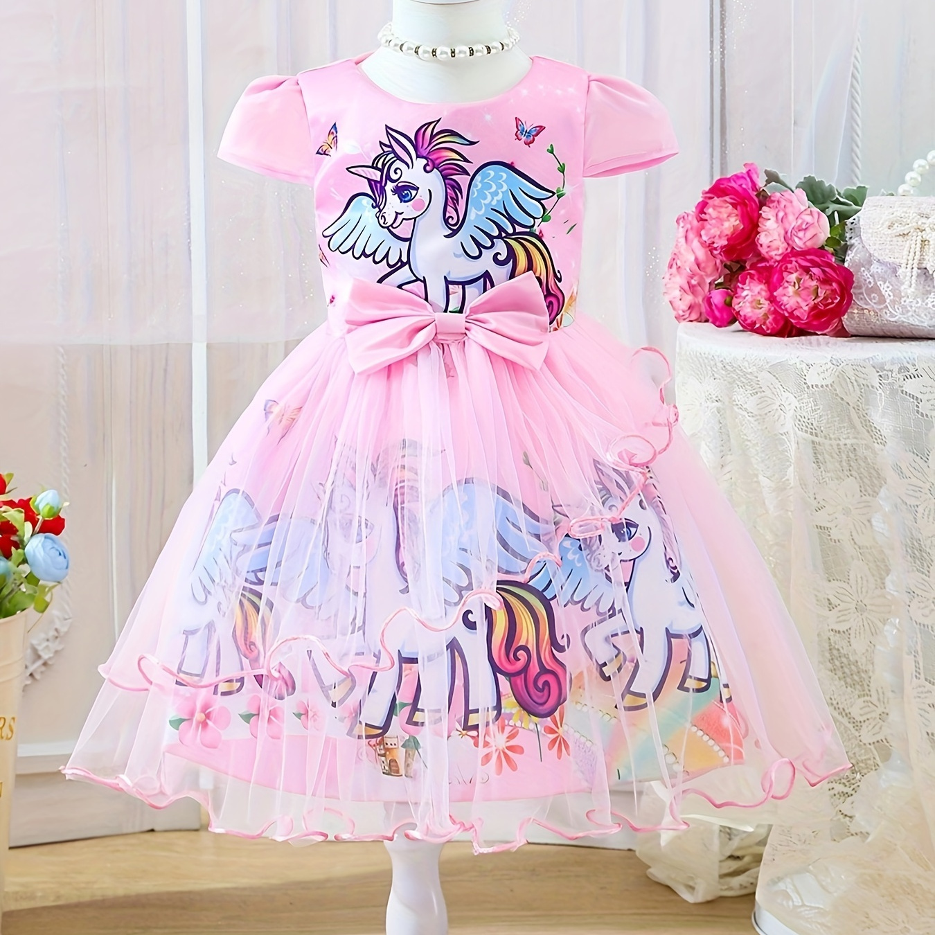 

Unicorn Girls Petal Sleeve Casual Princess Dress Mesh Spliced Summer Party Dresses