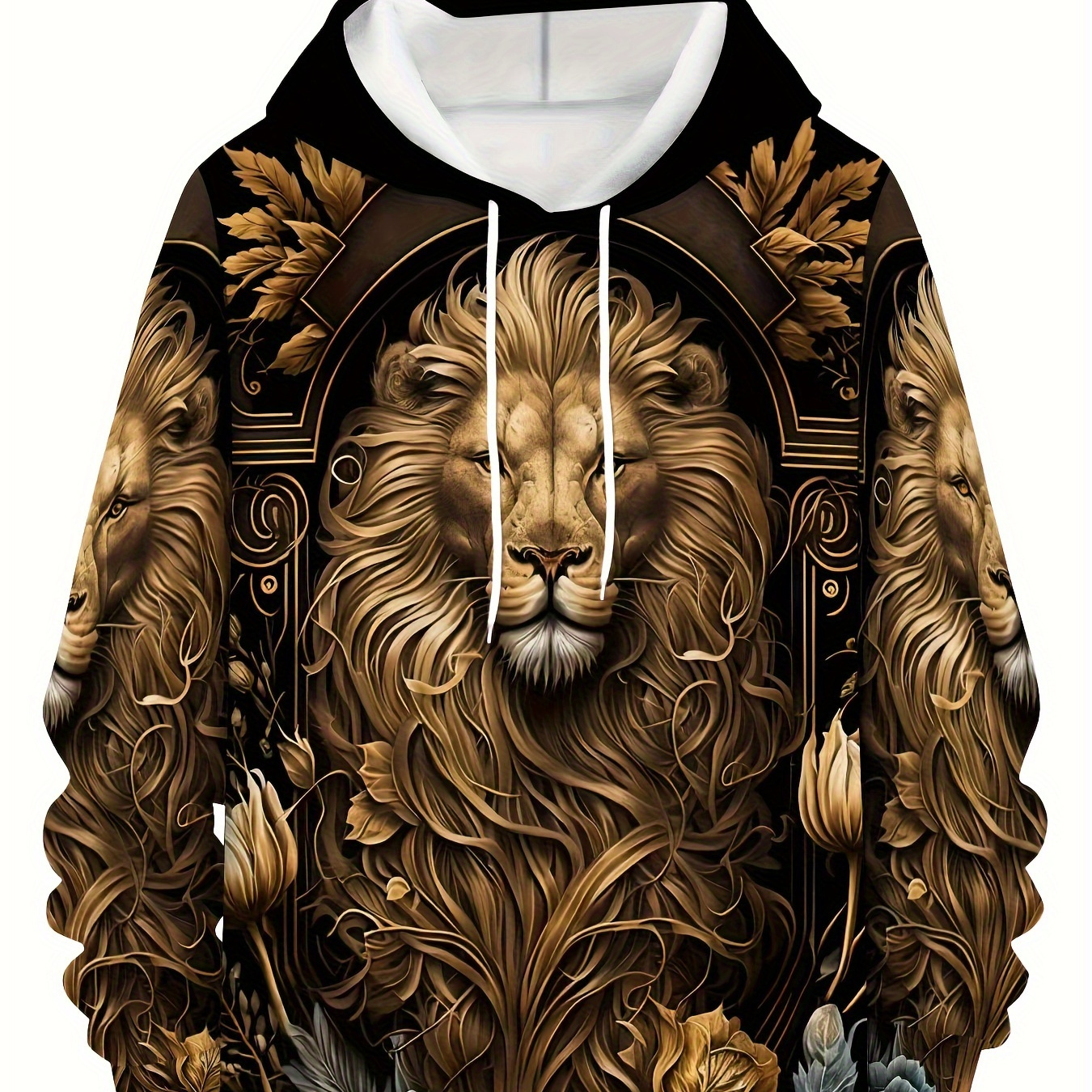 

Men's Lion Graphic Hooded Sweatshirt - 100% Polyester Casual Pullover With Kangaroo Pocket, Long Sleeve, Hooded, Slight Stretch, Regular Fit - Stylish Knit Fabric Hoodie For Spring And Autumn