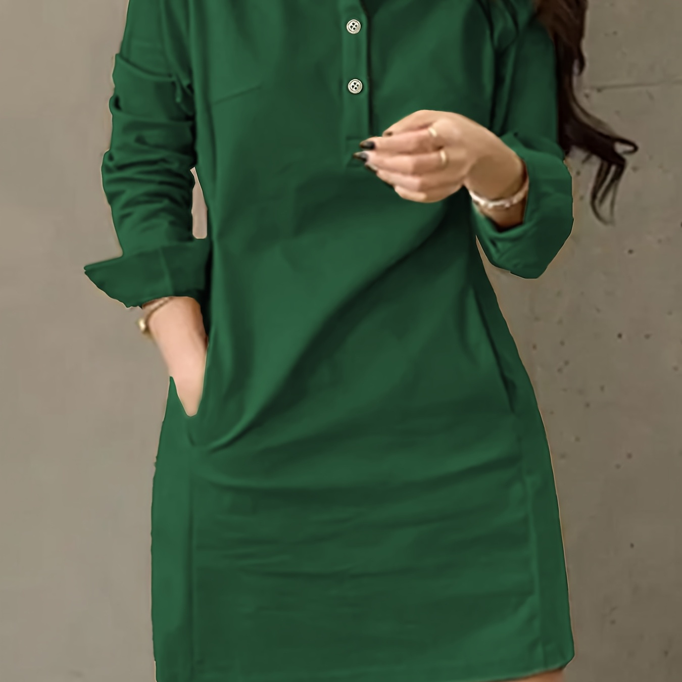 

Elegant Long Sleeve Lapel Collar Dress For Women, Solid Color, Button Detail, Polyester Woven Shirt Dress For Spring/fall