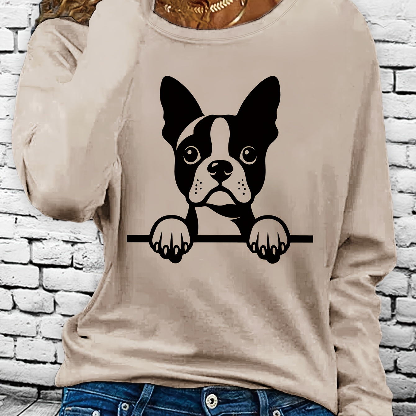 

Casual Crew Neck Long Sleeve T-shirt, Polyester Knit Fabric, Regular Fit, With Print Applique, For Spring/fall