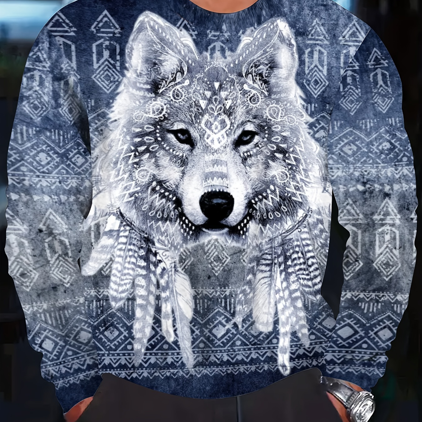 Fashionable Men's Casual Wolf Pattern Print, Long Sleeve Round Neck  Pullover Sweatshirt, Suitable For Outdoor Sports, For Autumn And Winter,  Can Be Pa