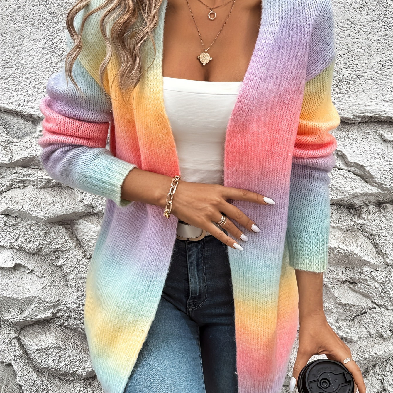 

Ombre Color Drop Shoulder Duster Cardigan, Leisure Open Front Long Sleeve Knit Cardigan For Spring & Fall, Women's Clothing