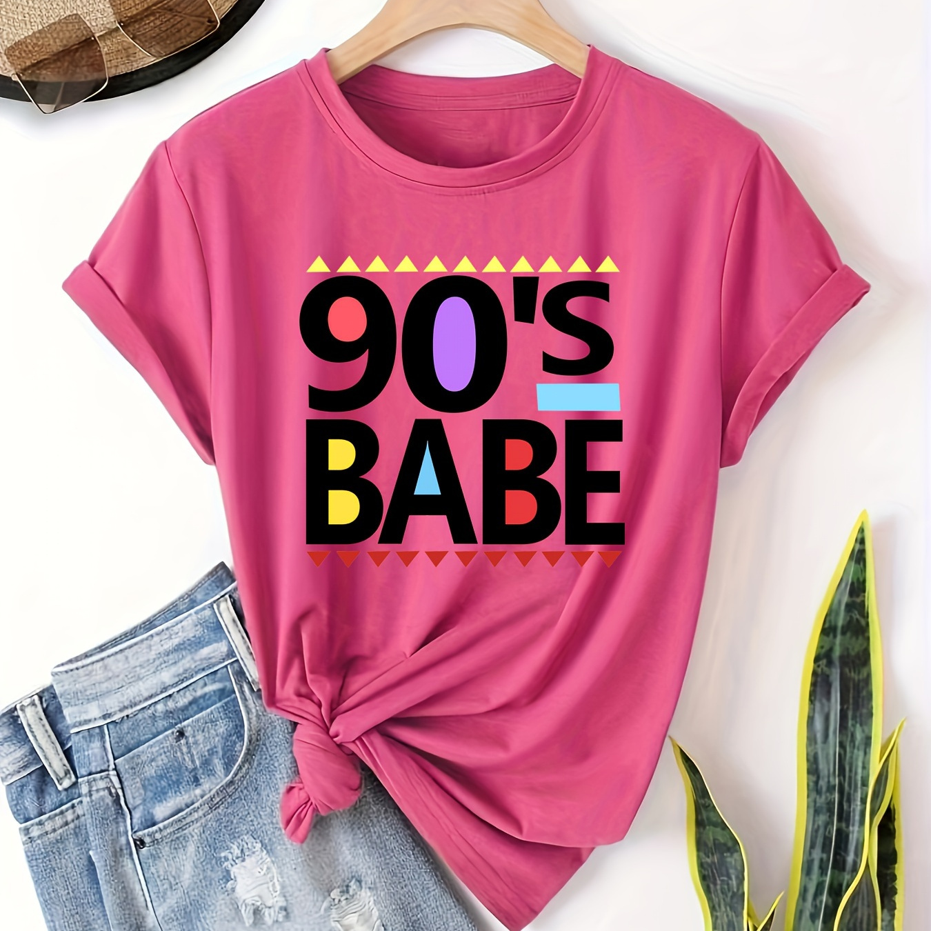 

90's Babe Print T-shirt, Casual Short Sleeve Crew Neck Top For Spring & Summer, Women's Clothing