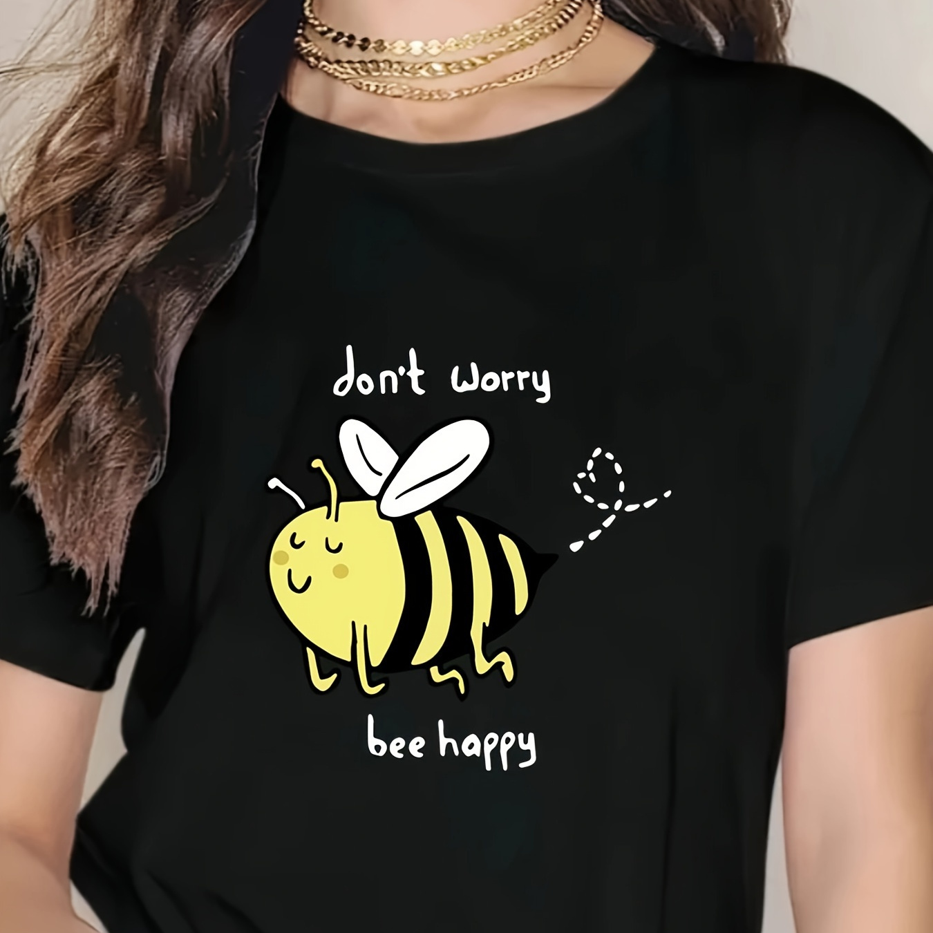 

Plus Size Cartoon Bee & Letter Print T-shirt, Casual Short Sleeve Top For Spring & Summer, Women's Plus Size Clothing