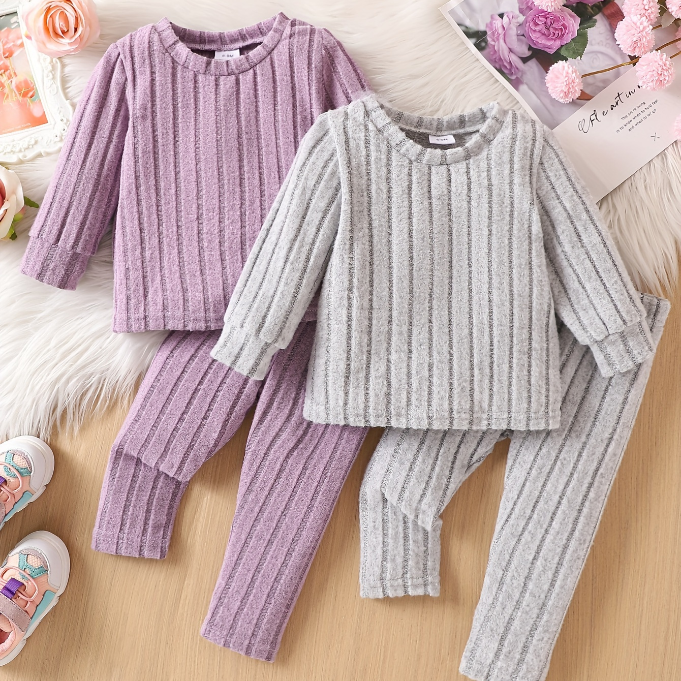 

4 pièces Bébé Unie Rayé Longues Col Rond Pullover Hauts + Pantalon, Tenues Confortables Décontractées Douces et Élastiques, Vêtements Bébé Extérieur