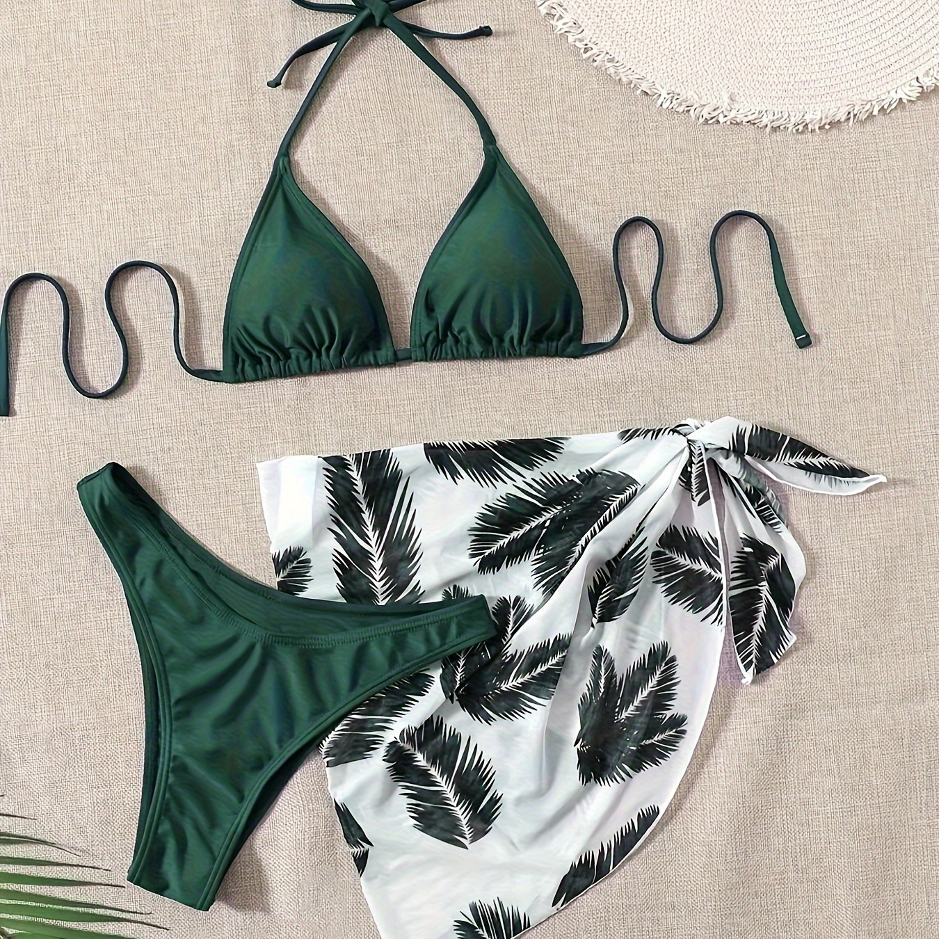 

Women's Tropical Leaf Print 3-piece Swimsuit Set, Slimming Bikini With Tie Sarong Wrap, Beachwear