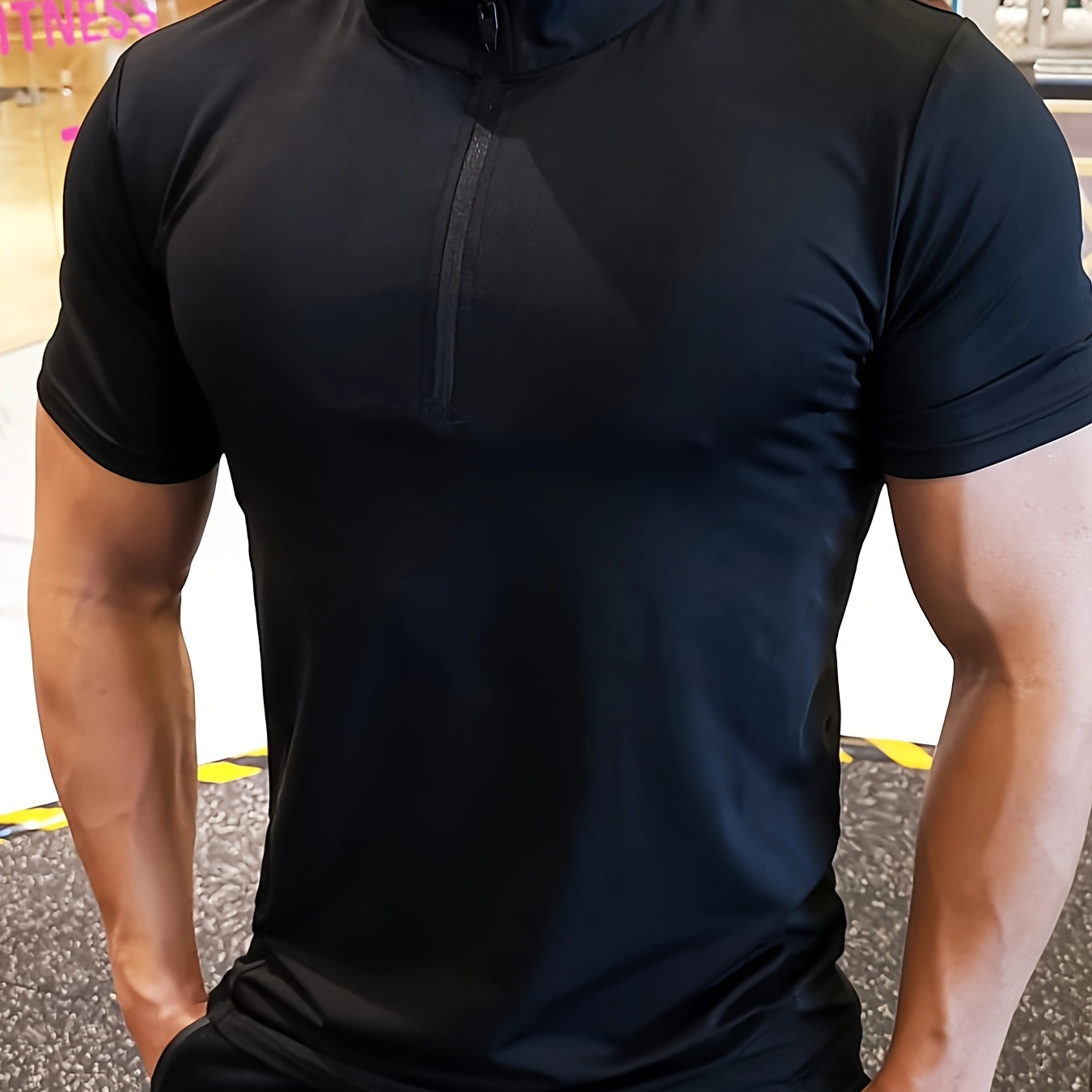 

Men' Henley Shirt, Active Half Zipper Stand Collar Short Sleeve Slim-fit Shirt For Summer Outdoor Activities