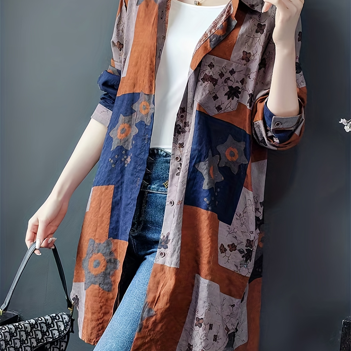 

Patchwork Button Front Longline Shirt, Casual Long Sleeve Shirt For Spring & Fall, Women's Clothing