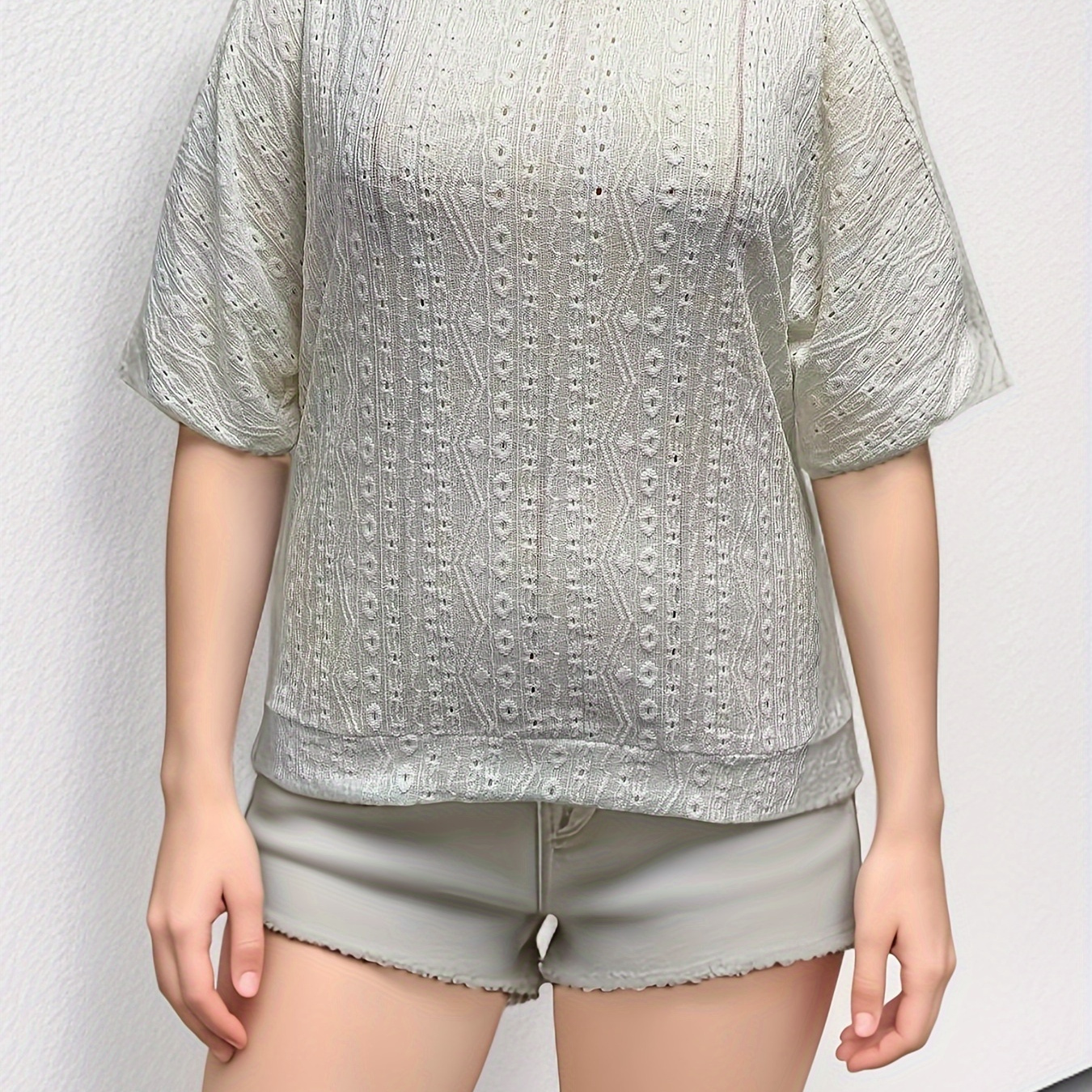 

Plus Size Cold Shoulder Blouse, Casual Crew Neck Short Sleeve Lace Up Blouse For Spring, Women's Plus Size clothing