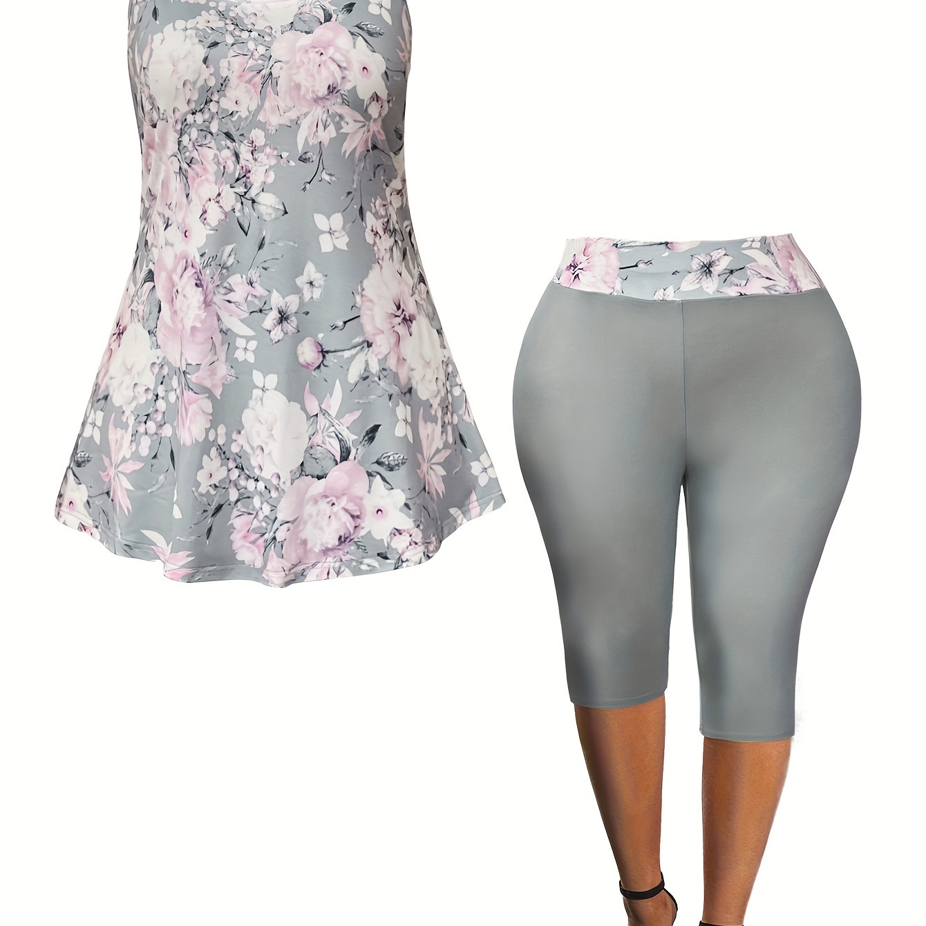 

Plus Size Floral Print Two-piece Set, Crew Neck Tank Top & Capris Pants Outfits, Women's Plus Size clothing