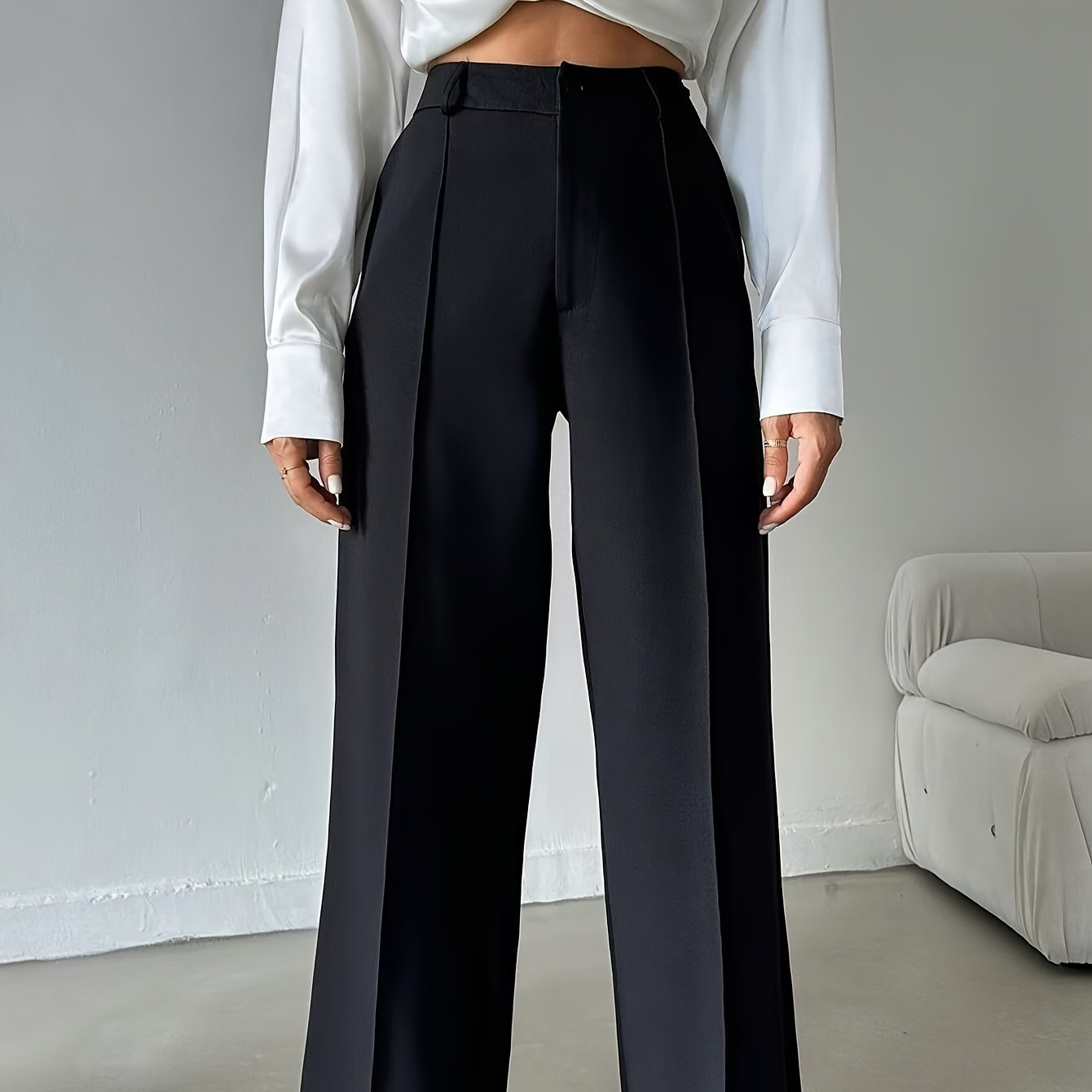 

1pc Elegant Women' Color Straight Leg Trousers, Polyester Woven Fabric With Pockets, Style, Adult - 99110643