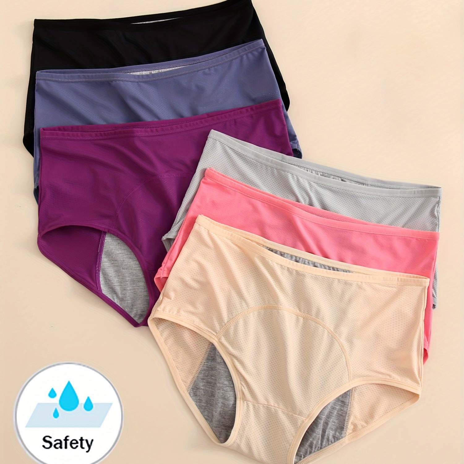 

6pcs Women's Plus Elegant Panties, Plus Size Solid Leakproof High Waist Stretchy Soft & Breathable Menstrual Period Briefs