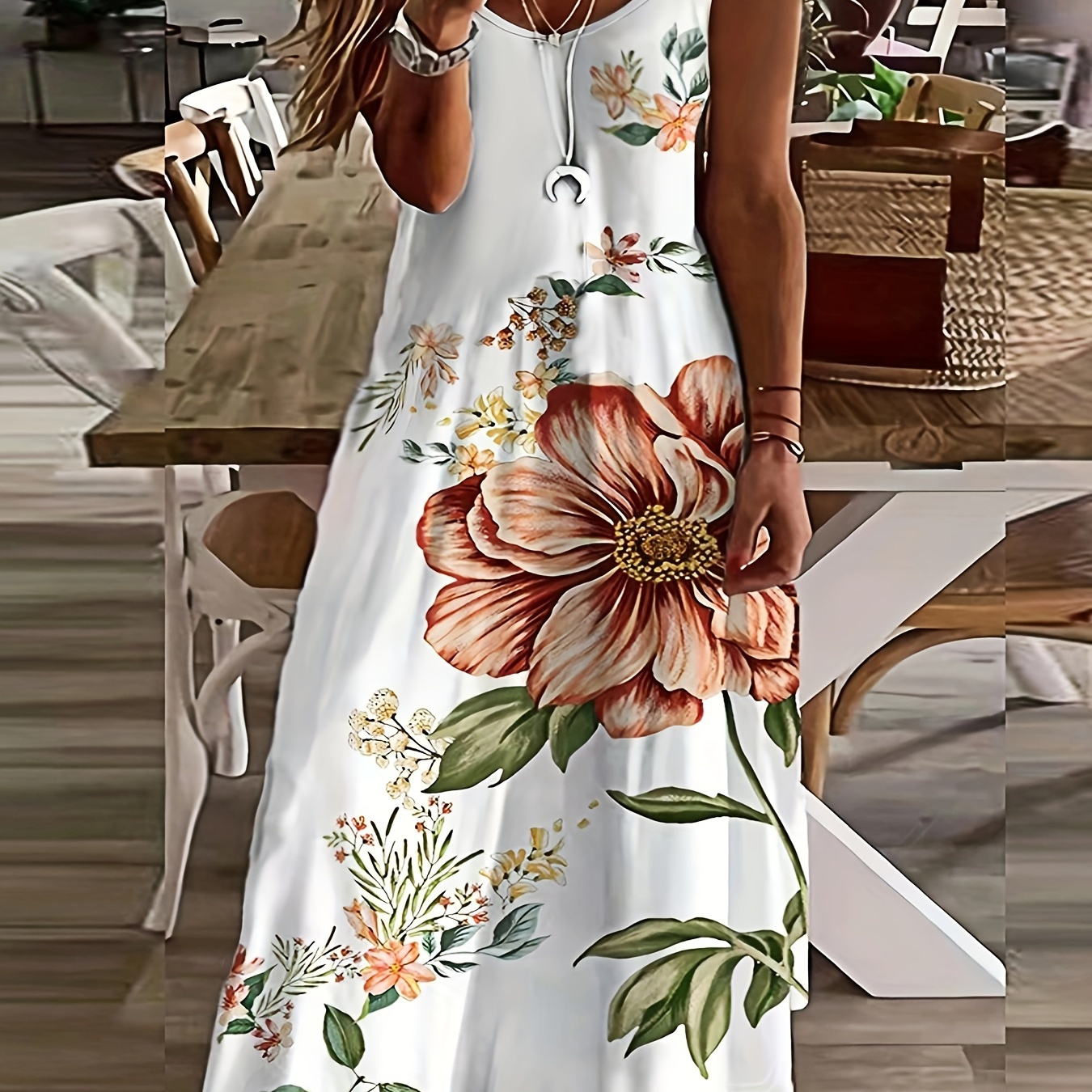 

Plus Size Floral Print Tank Dress, Elegant Lace Stitching Sleeveless Dress For Spring & Summer, Women's Plus Size Clothing