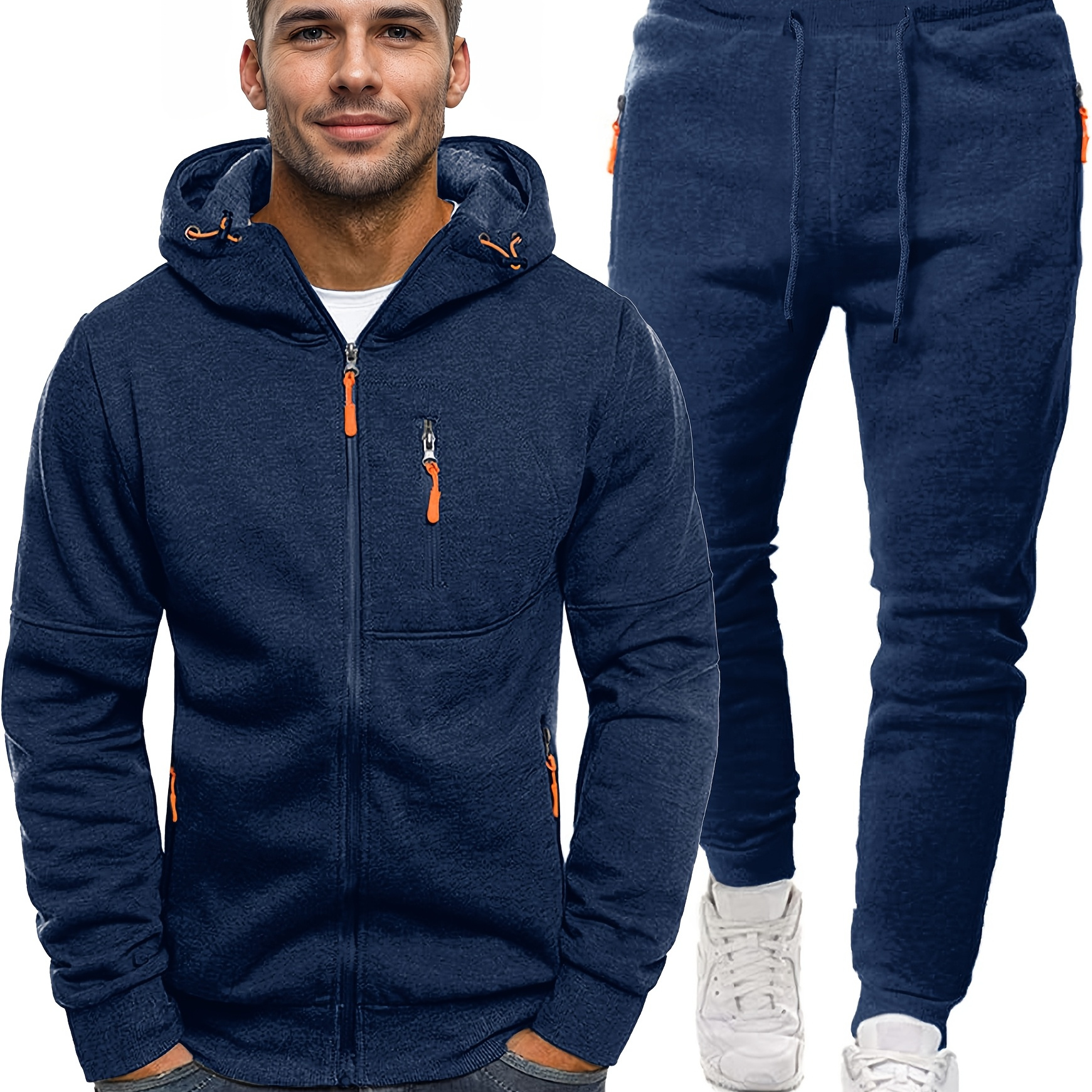 

Men's Autumn And Winter Sports Casual Jacket Hoodie Sweatpants Set With Zipper Door Cuff Drawstring Hat Waist Rope