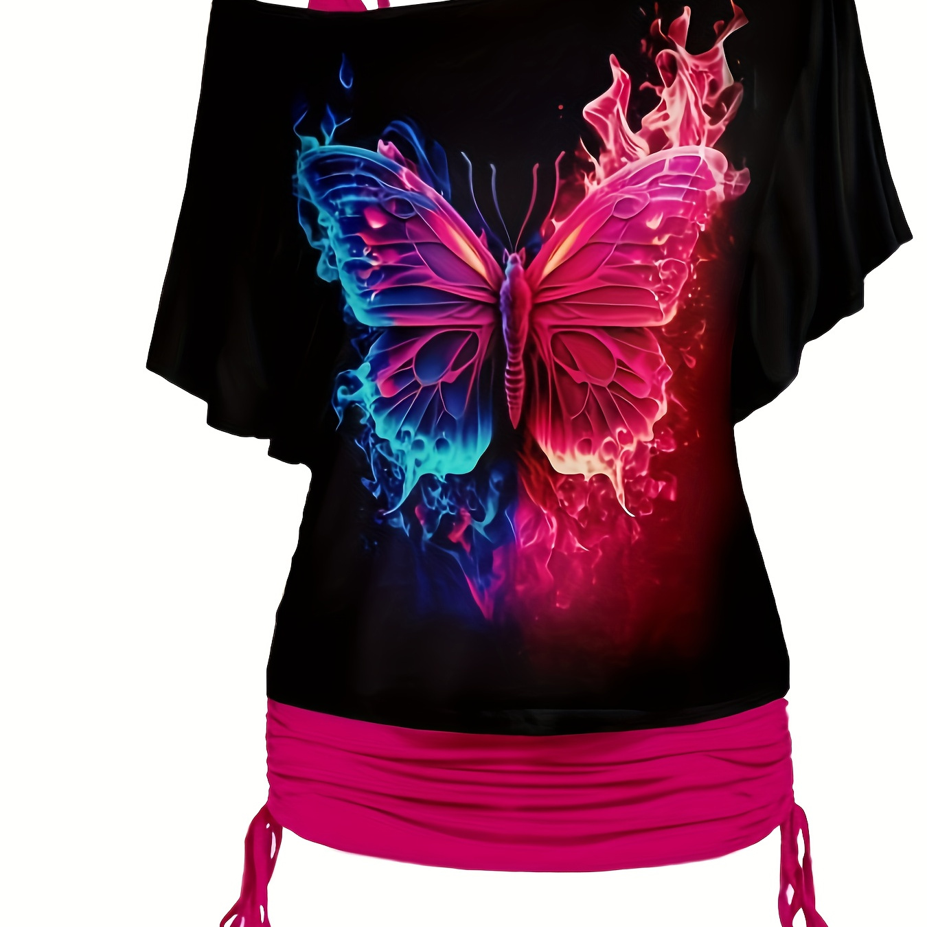 

Butterfly Print Y2k Set, Drawstring Gathered V Neck Cami Top & Slant Neck Flounce Sleeve T-shirt, Women's Clothing