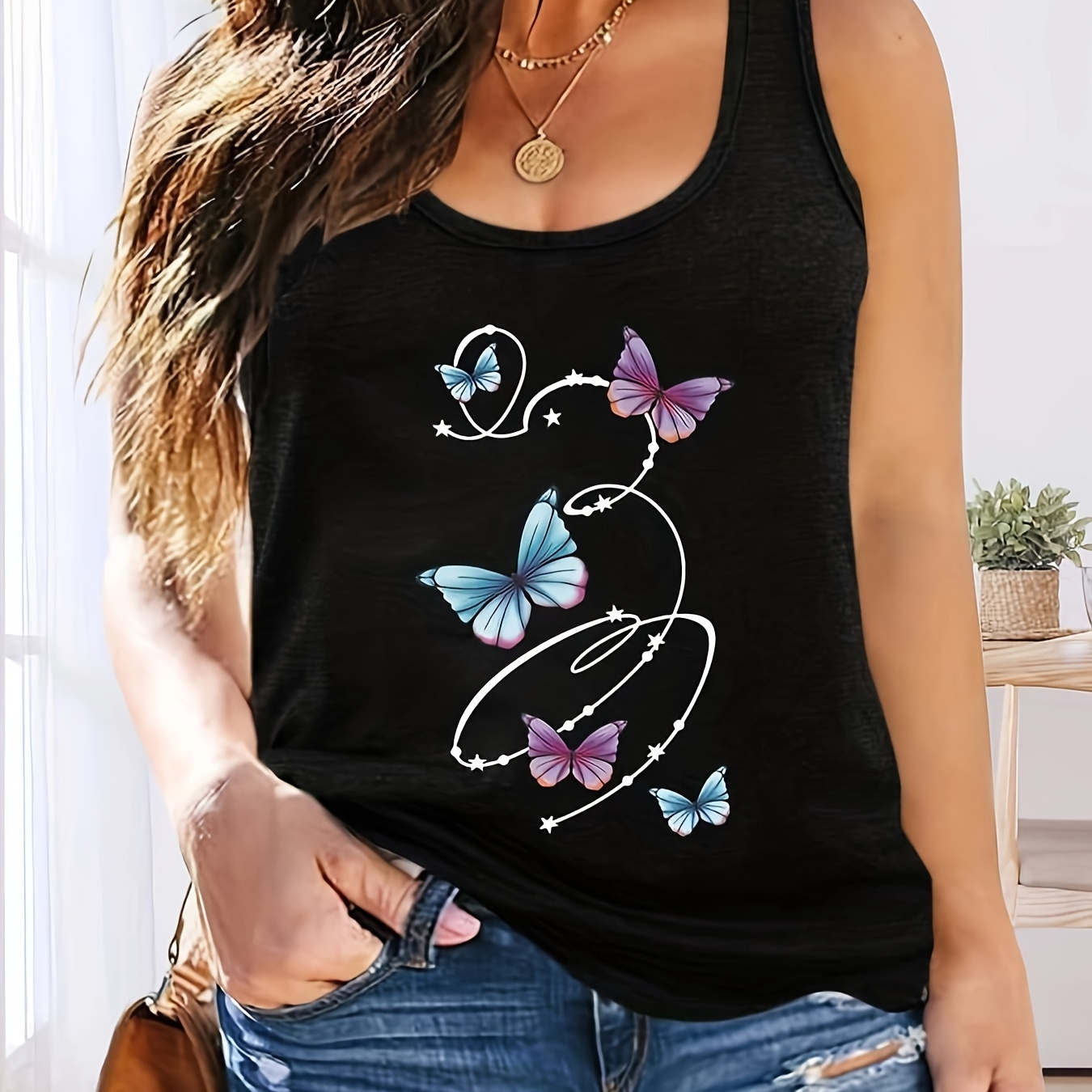 

Plus Size Butterfly Print Tank Top, Casual Crew Neck Sleeveless Tank Top For Summer, Women's Plus Size clothing