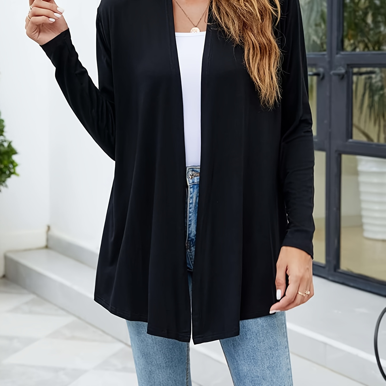 

Solid Color Open Front Cardigan, Elegant Long Sleeve Cardigan For Fall & Winter, Women's Clothing