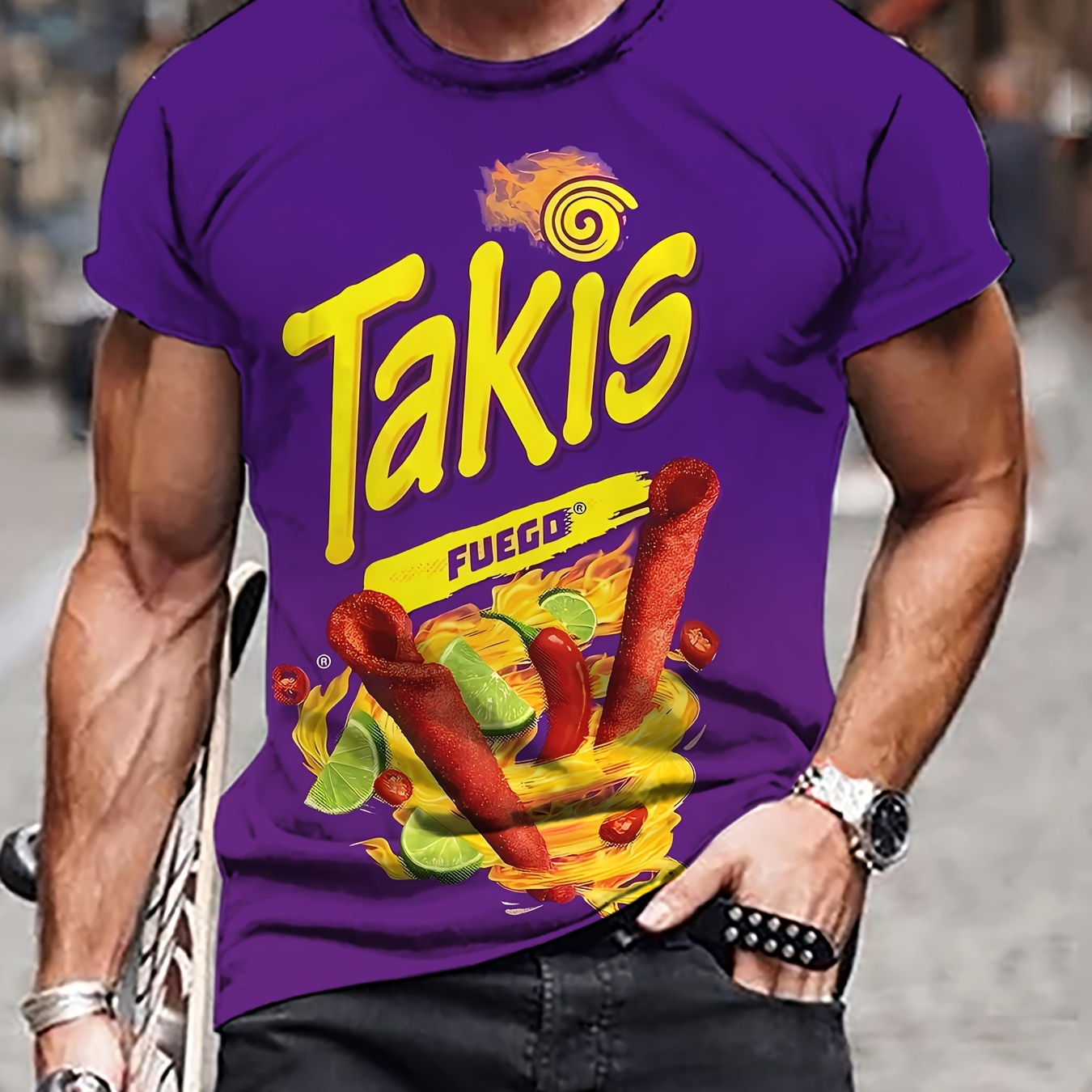 

Men's Takis Print T-shirt, Casual Short Sleeve Crew Neck Tee, Men's Clothing For Outdoor