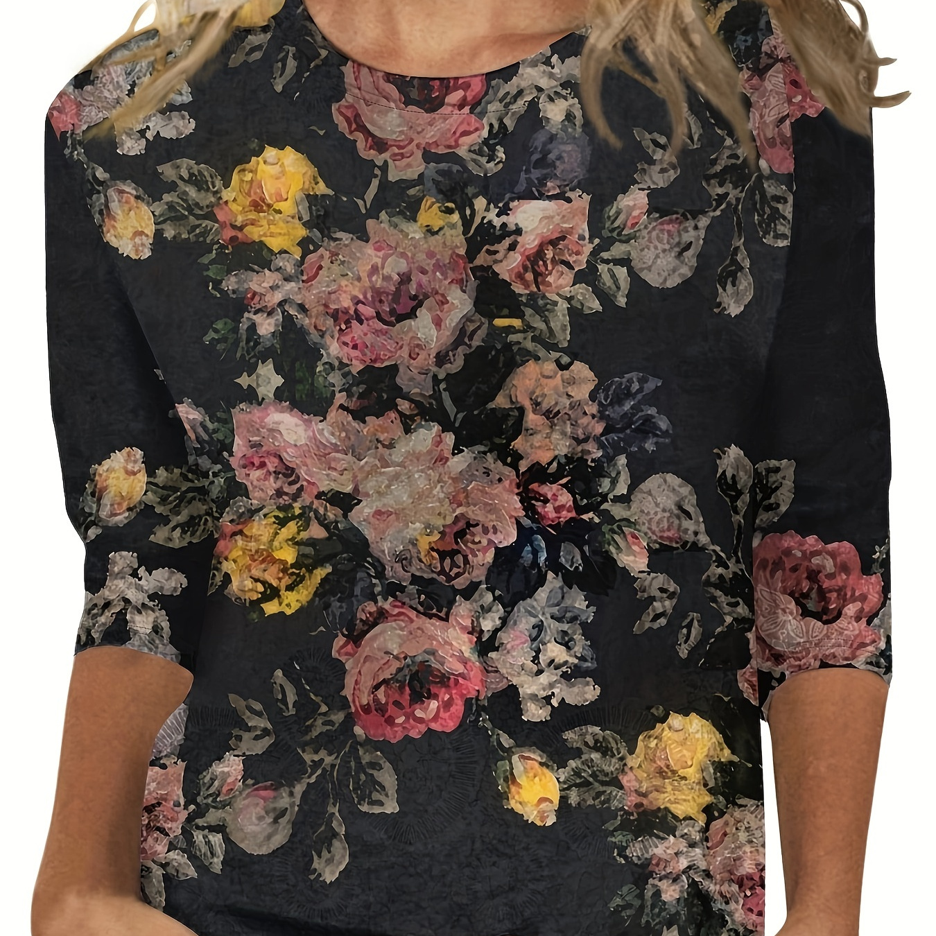 

T-shirt à col rond à imprimé floral, top décontracté à manches longues pour le printemps et l'automne, vêtements pour femmes