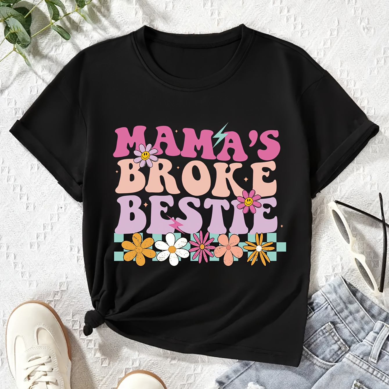 

Mama's Broke Bestie With Flowers Graphic Print, Girls' Casual Crew Neck Short Sleeve T-shirt, Comfy Top Clothes For Spring And Summer For Outdoor Activities