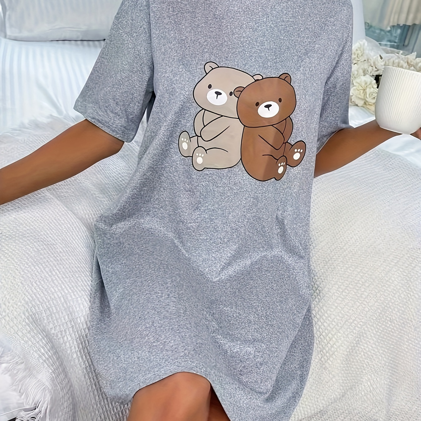 

Robe de nuit mignonne à imprimé ours pour femme, robe t-shirt à manches courtes et col rond, chemise de nuit confortable