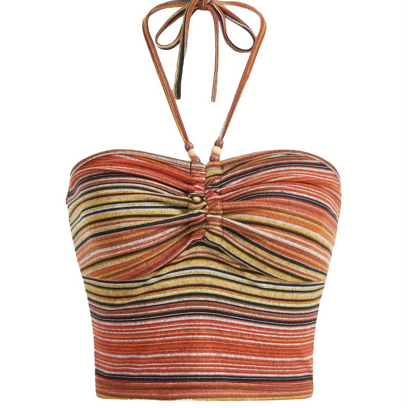 

Summer Striped Knit Halter Top With Beaded Necktie - Women's Fashion