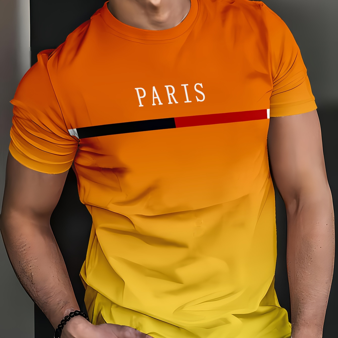 

Men's Gradient Color Paris Graphic Print T-shirt, Casual Short Sleeve Crew Neck Tee, Men's Clothing For Summer Outdoor