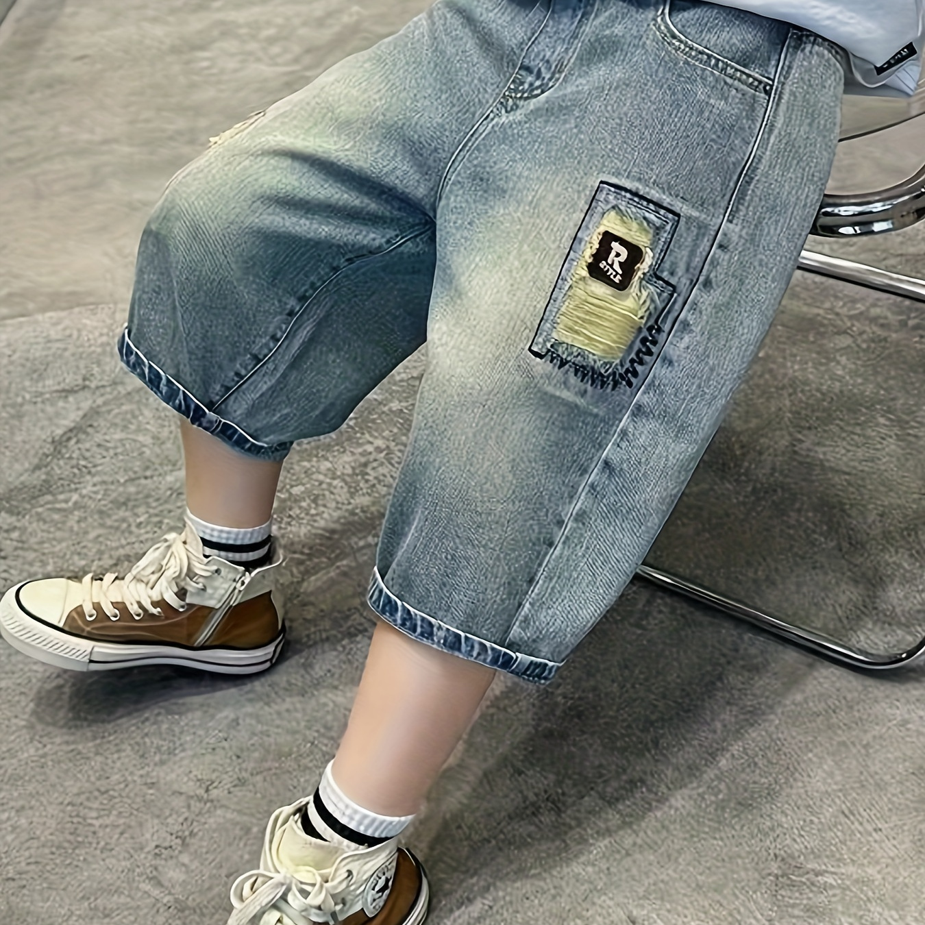 

Boys Summer Denim Shorts, Casual Street Style, Patch Design, Cuffed Hem, Trendy Jeans For Boys