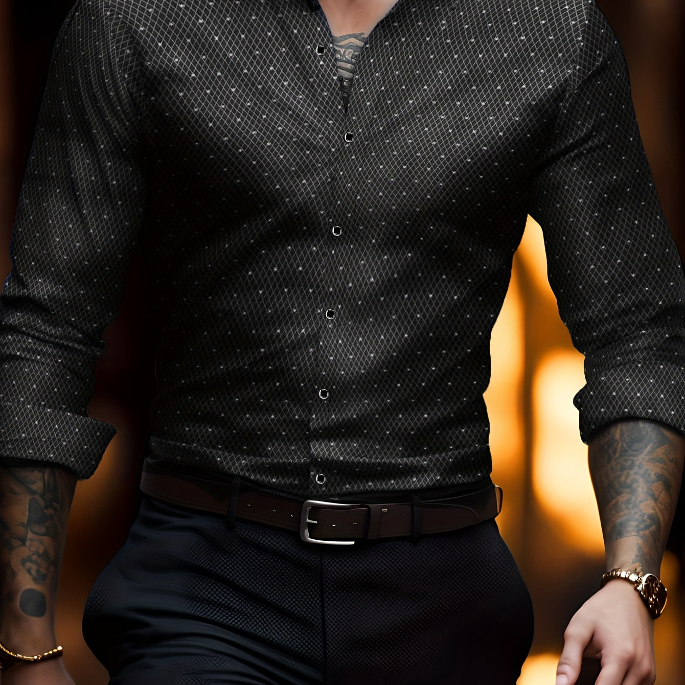 

Men's Elegant Polyester Long Sleeve Button-down Shirt With Lapel Collar And Ditsy Floral Pattern, Woven Casual Shirt