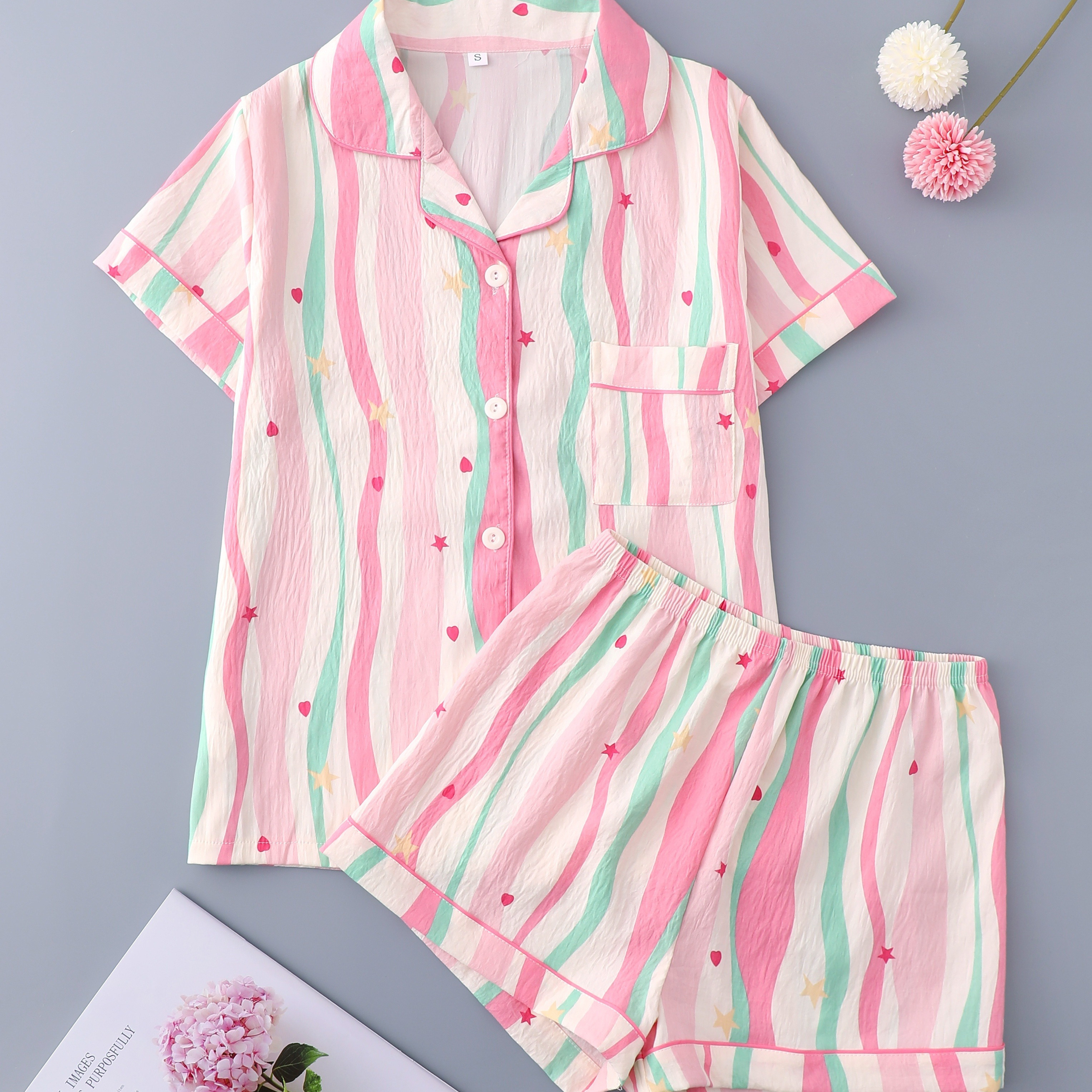 

Women's Contrast Colorblock Print Sweet Pajama Set, Short Sleeve Buttons Lapel Top & Shorts, Comfortable Relaxed Fit