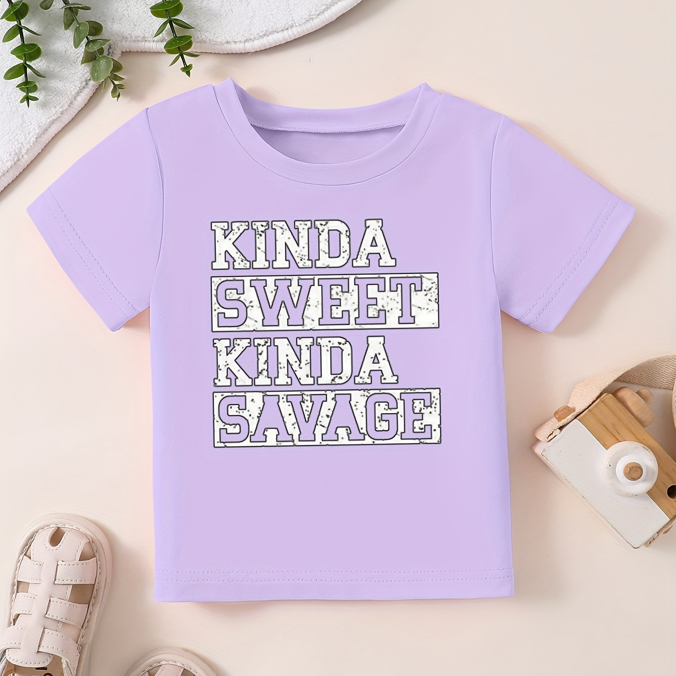 

Kinda Sweet Kinda Savage Print Girl's T-shirt, Kids Casual Short Sleeve Breathable Comfortable Summer Outdoor Top