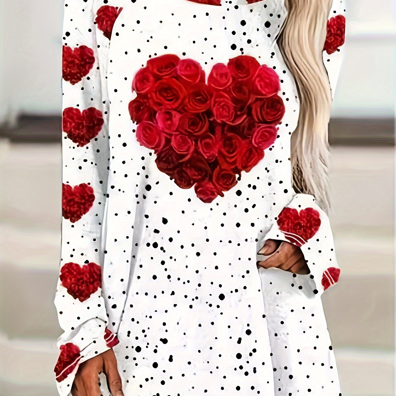 

T-shirt de Saint-Valentin grande taille, t-shirt ample à col rond et manches longues grande taille pour femme à motifs cœurs, roses et pois